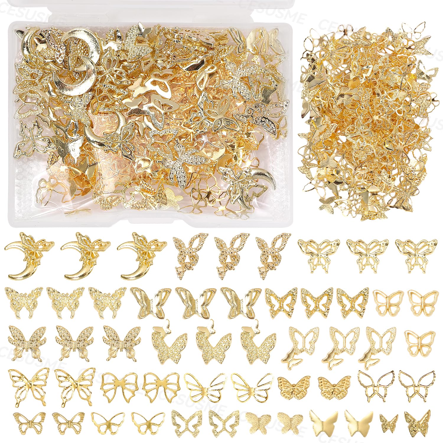CESUSME 350 Pcs Butterfly Gold Nail Charms and Gems, 10 Styles 3D Butterfly Moon Nail Art Charms, Moon Butterflies Nail Studs, Gold Alloy Nail Jewelry