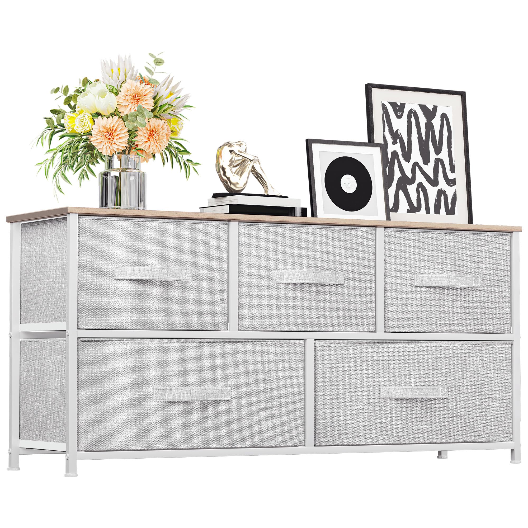 YITAHOME Wide Chest of Drawers, Dresser with 5 Drawers, Light Grey Fabric Storage Tower, Dresser for Bedroom with 5 Drawers, Living Room, Closets - Sturdy Steel Frame, Wooden Top