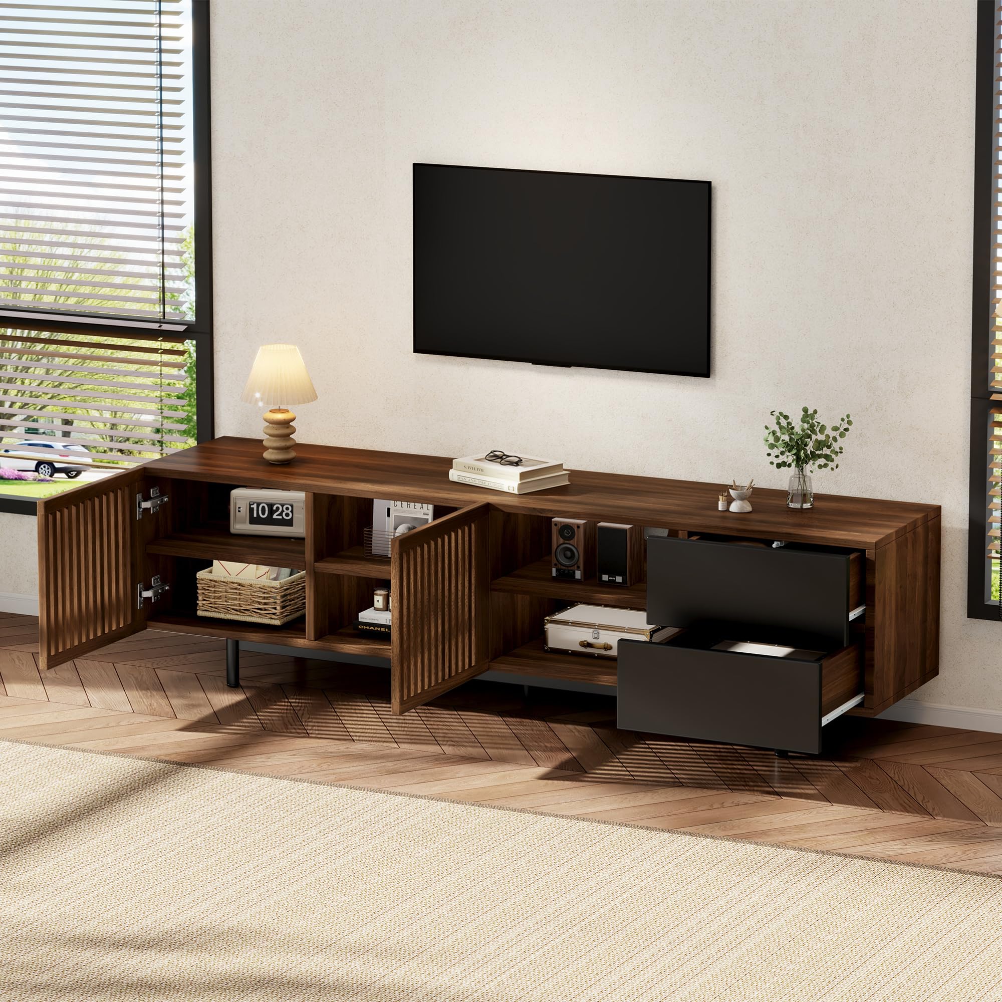 Mobile TV 160 cm, mobile TV in legno MDF con ante a doghe