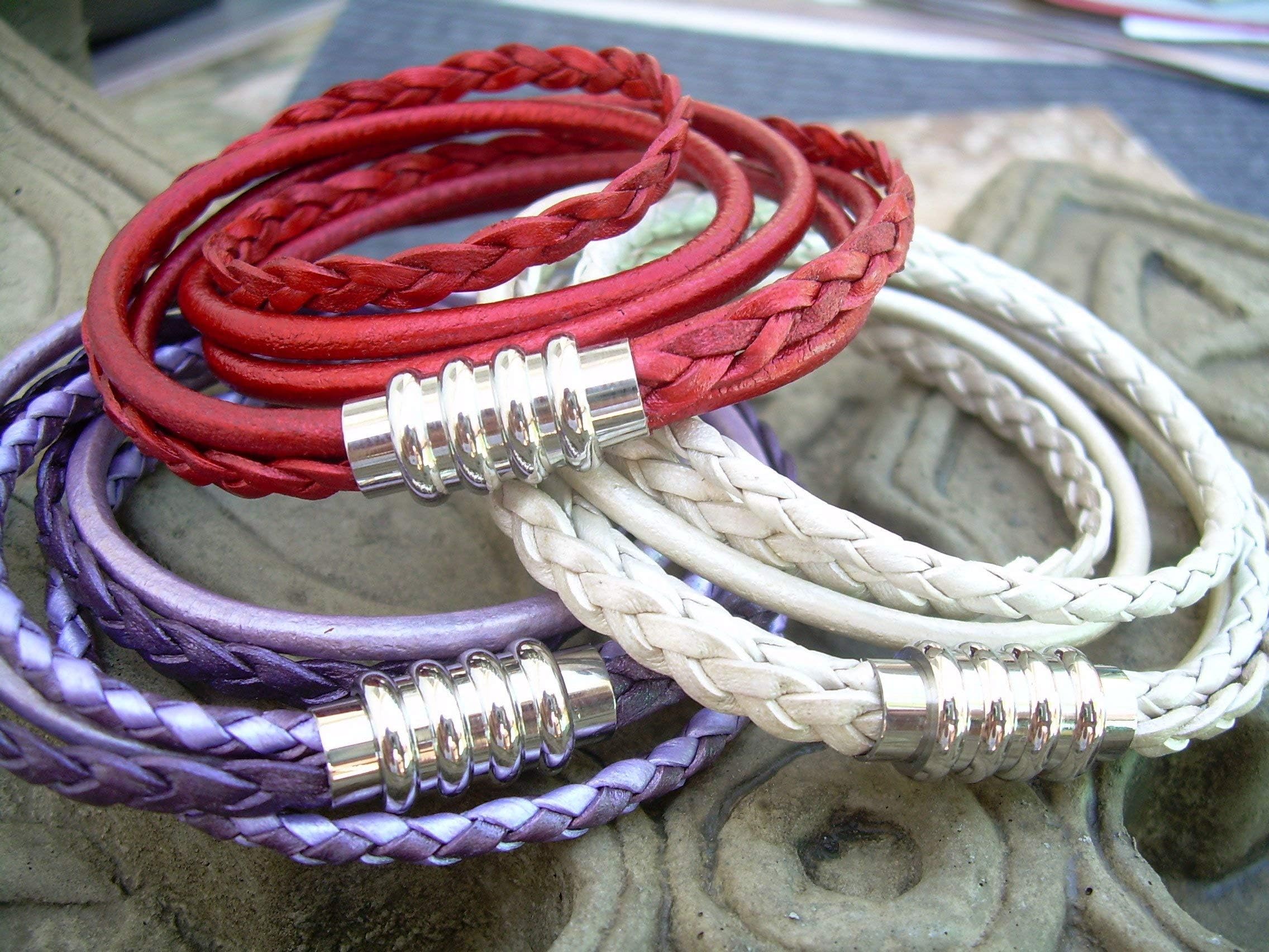 Womens Leather Bracelet, Stainless Steel Magnetic Clasp, Double Wrap Bracelet, Triple Strand Bracelet, Mothers Day Gift, Womens Jewelry, Leather Bracelet, Womens Bracelet