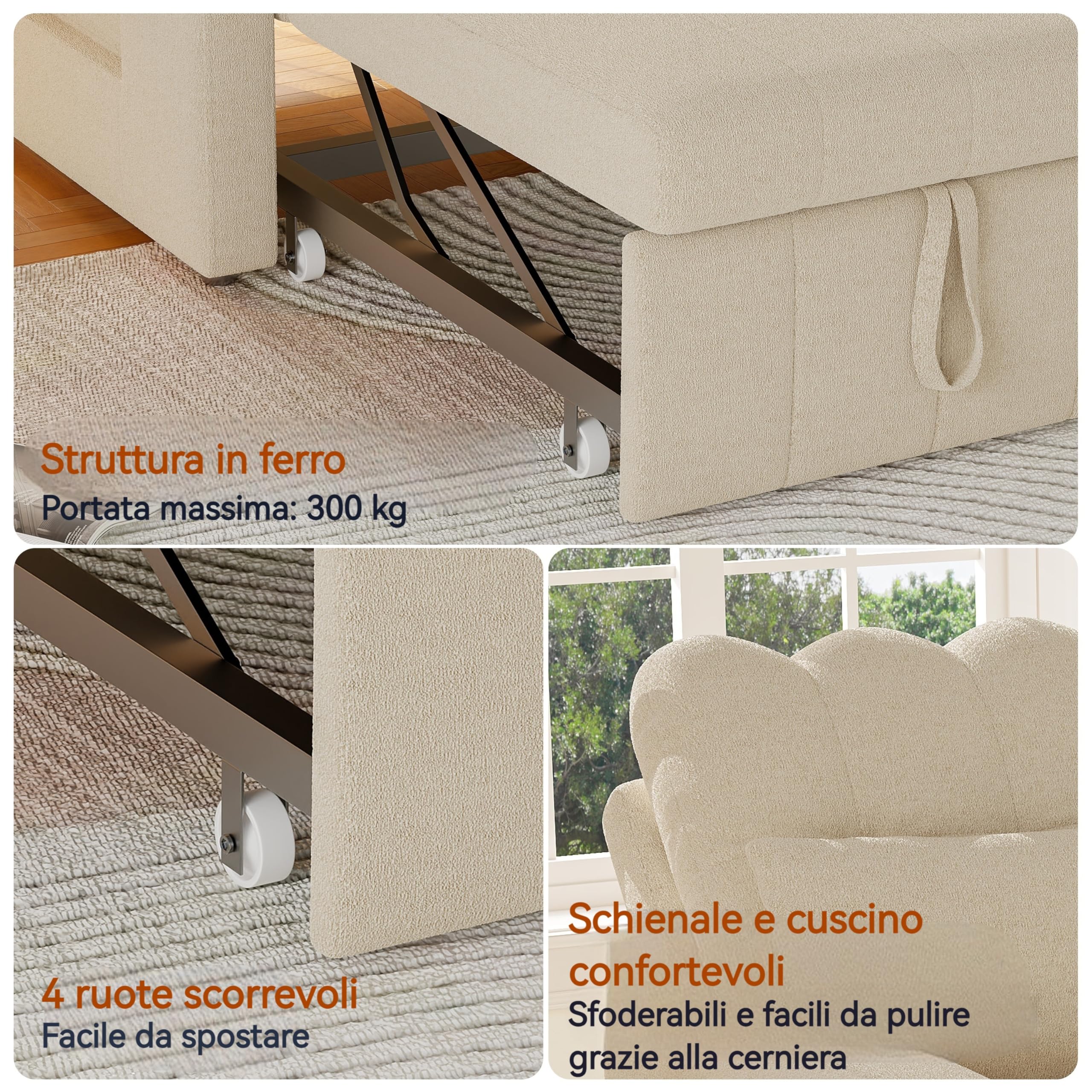 Poltrona letto convertibile 3 in 1, sedia a letto con funzione letto, divano allungabile, letto con tavoli da tè pieghevoli, divano letto singolo, poltrona regolabile con cuscino (beige, 190 x 108 x