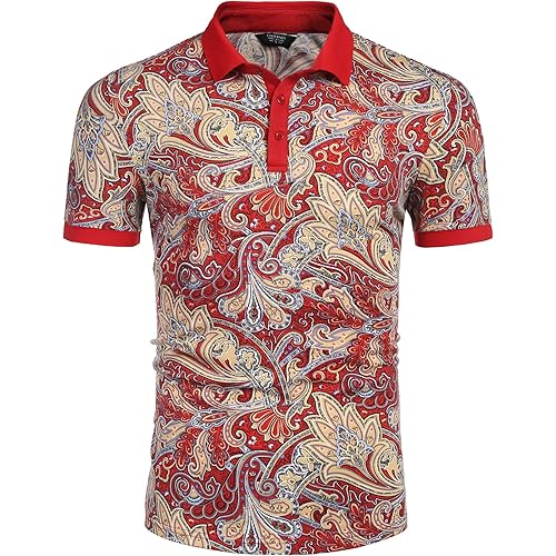 COOFANDY Mens Casual Short Sleeve Polo Shirts Slim Fit Paisley Polo T Shirts Floral Print Shirt