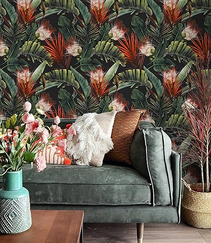 Miniatura 6 de HAOKHOME Papel tapiz removible con diseño floral de selva para despegar y pegar, papel de pared de vinilo negroverderojo, papel de contacto, 17.7