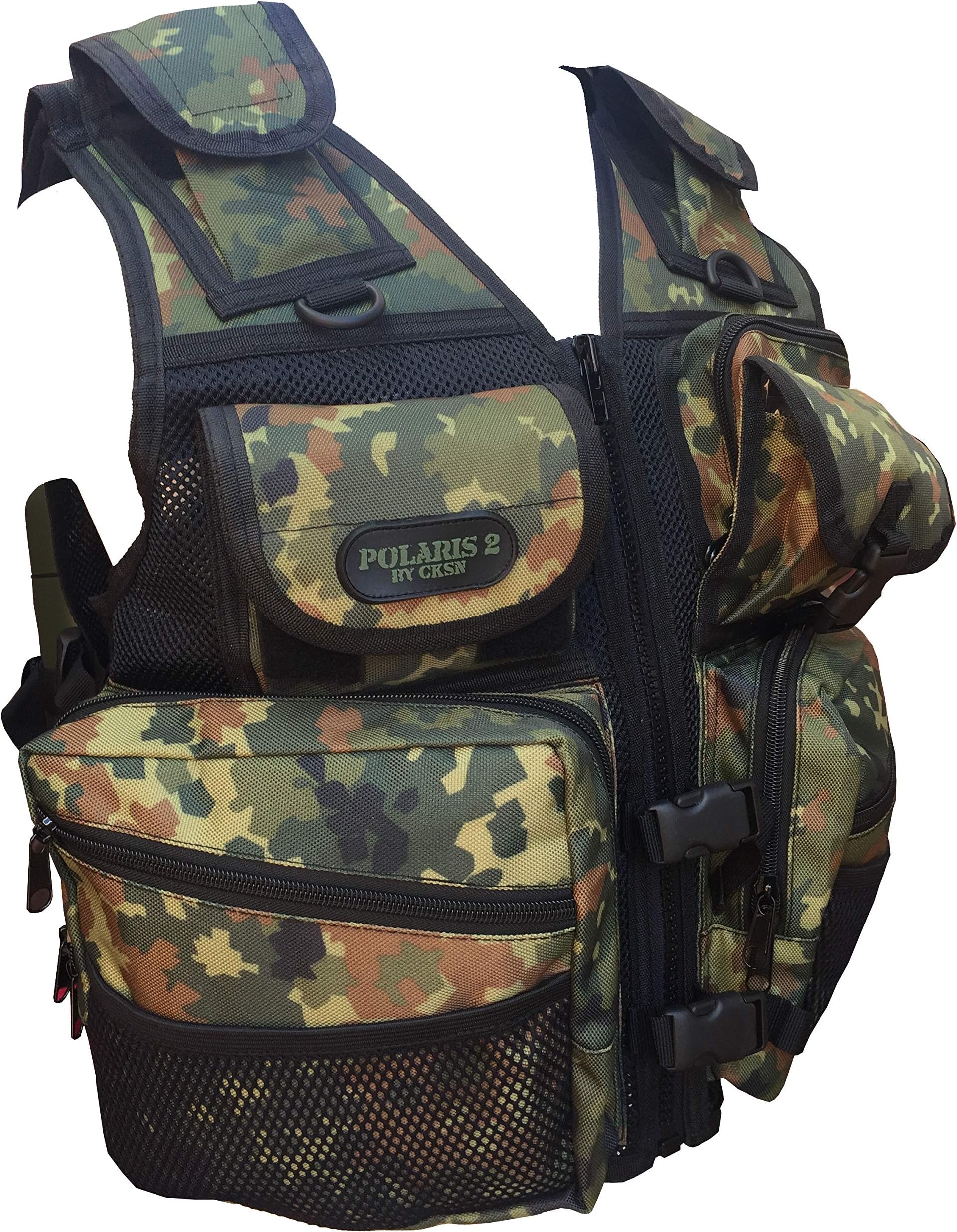 CKSN Metal Detecting Vest - Adjustable Sizing up to 50-55" waist/chest - Integral Backpack/Multiple Pockets/Pouches 7 Colours. (Black/German Style Camo)