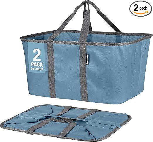 CleverMade Collapsible Laundry Tote - Denim Charcoal 2-Pack 50L - Foldable Storage Organization Container for Clothes Laundry Room Storage Solution
