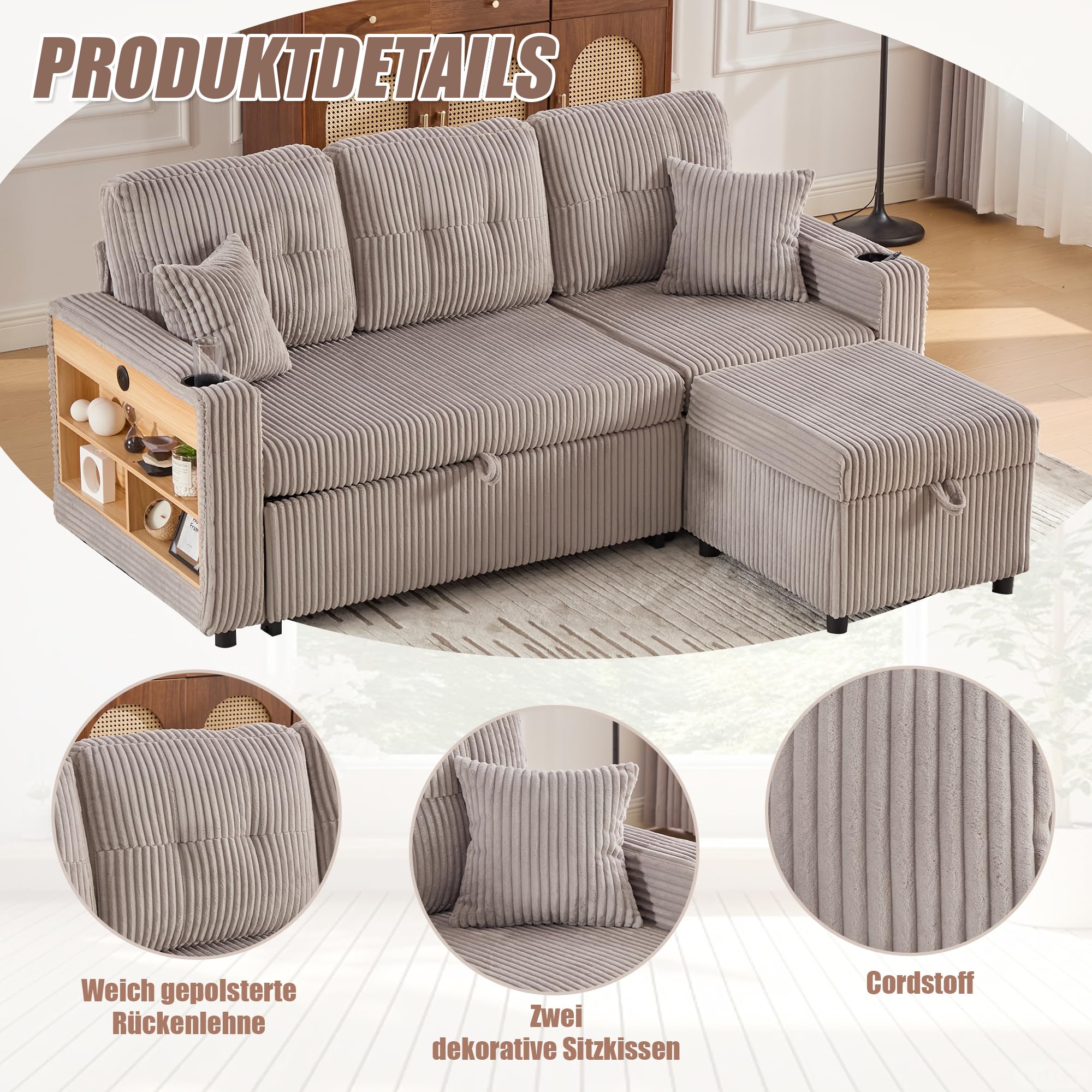 Divano in Velluto a Coste con Contenitore e Letto estraibile, Divano Letto con Porta USB-C e LED, Portabicchieri e Ampi braccioli, Sofa Soggiorni, Divano a 3 Posti, letto Matrimoniale,Grigio chiaro