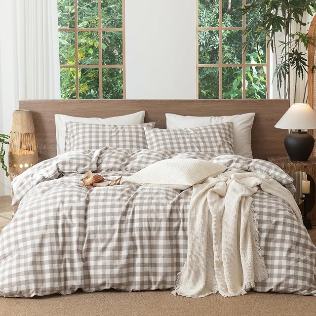 MooMee Gingham Ensemble de couvertures de couettes 100% Linge de coton lavé comme la Reine. Doux, respirant & Confort durable. Léger. Fermeture éclair cachée avec 8 Liaisons de coin intérieur