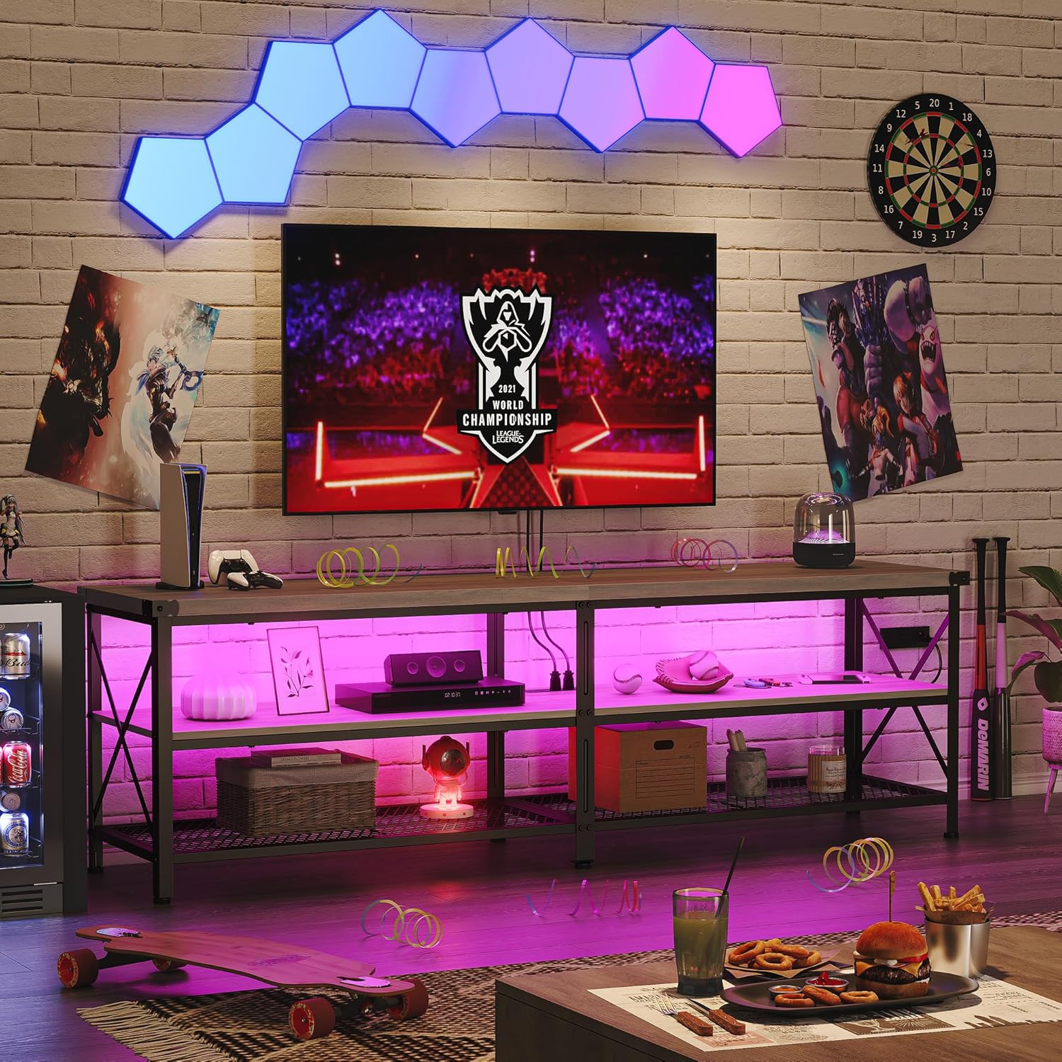 IDEALHOUSE TV Stand for 70+ 80 inch TV, Industrial TV Console Furniture with Power Outlets, LED Gaming TV Stand with Storage Shelf, Entertainment Center TV Media Table for Living Room, Bedroom