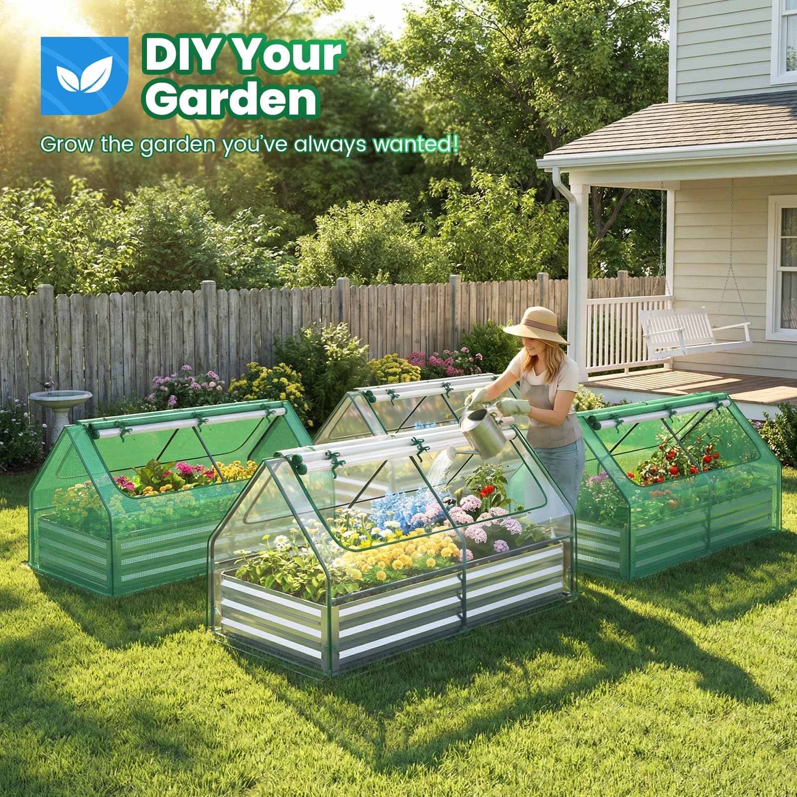 Quictent Jardinière surélevée galvanisée de 1,8 x 0,9 x 0,3 m avec Housse en métal, avec 2 Grandes fenêtres, Mini Serre, 20 étiquettes T, 1 Paire de Gants Inclus pour la Culture de légumes en Plein