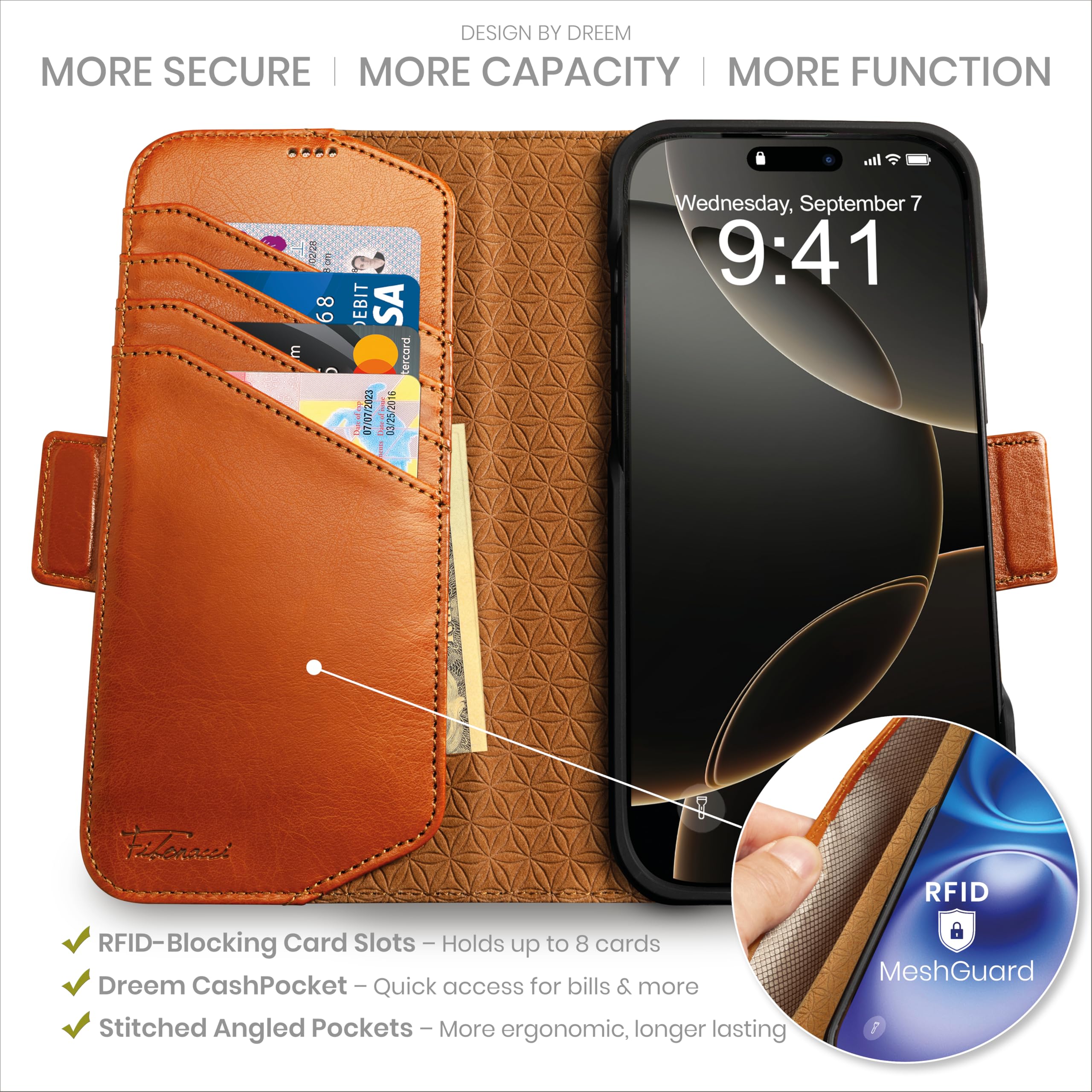 dreem Fibonacci Compatible with iPhone 16 Pro Max Wallet Case/2 in 1 Shockproof Case and Detachable Vegan Leather Folio, MagSafe Compatible, RFID Protection [Caramel] - 2