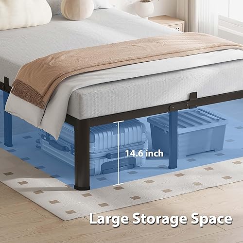 Vista 6 de Base de cama Queen de 16 pulgadas, plataforma de metal resistente de 3500 libras con patas de esquina redondas, tapón deslizante de colchón, soporte