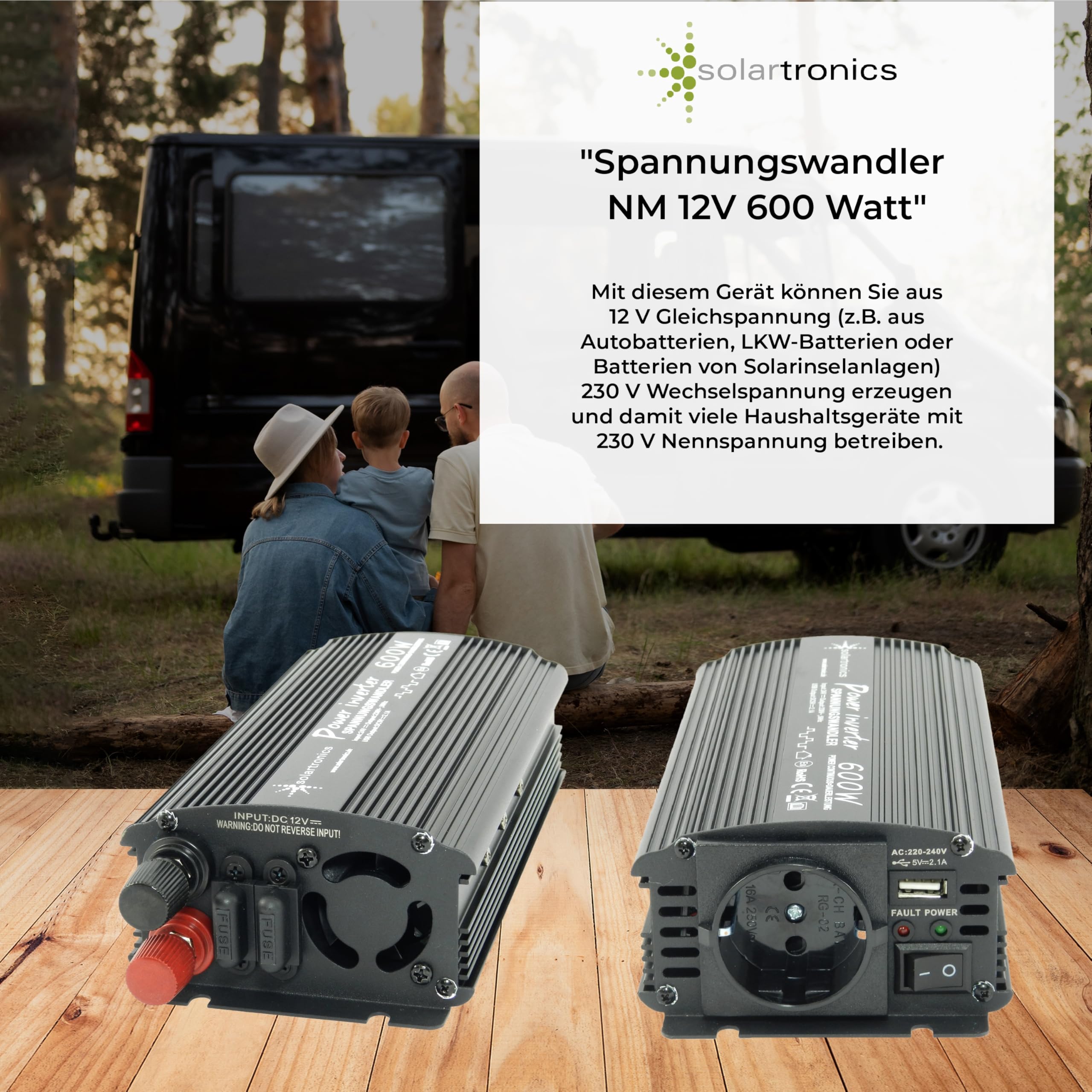 Solartronics Convertidor de Voltaje NM600 12V a 230V, 600W Continuo, 1200W Potencia Maxima, Onda Sinusoidal Modificada con Enchufe Schuko Puerto USB, Carcasa de Aluminio, Negro