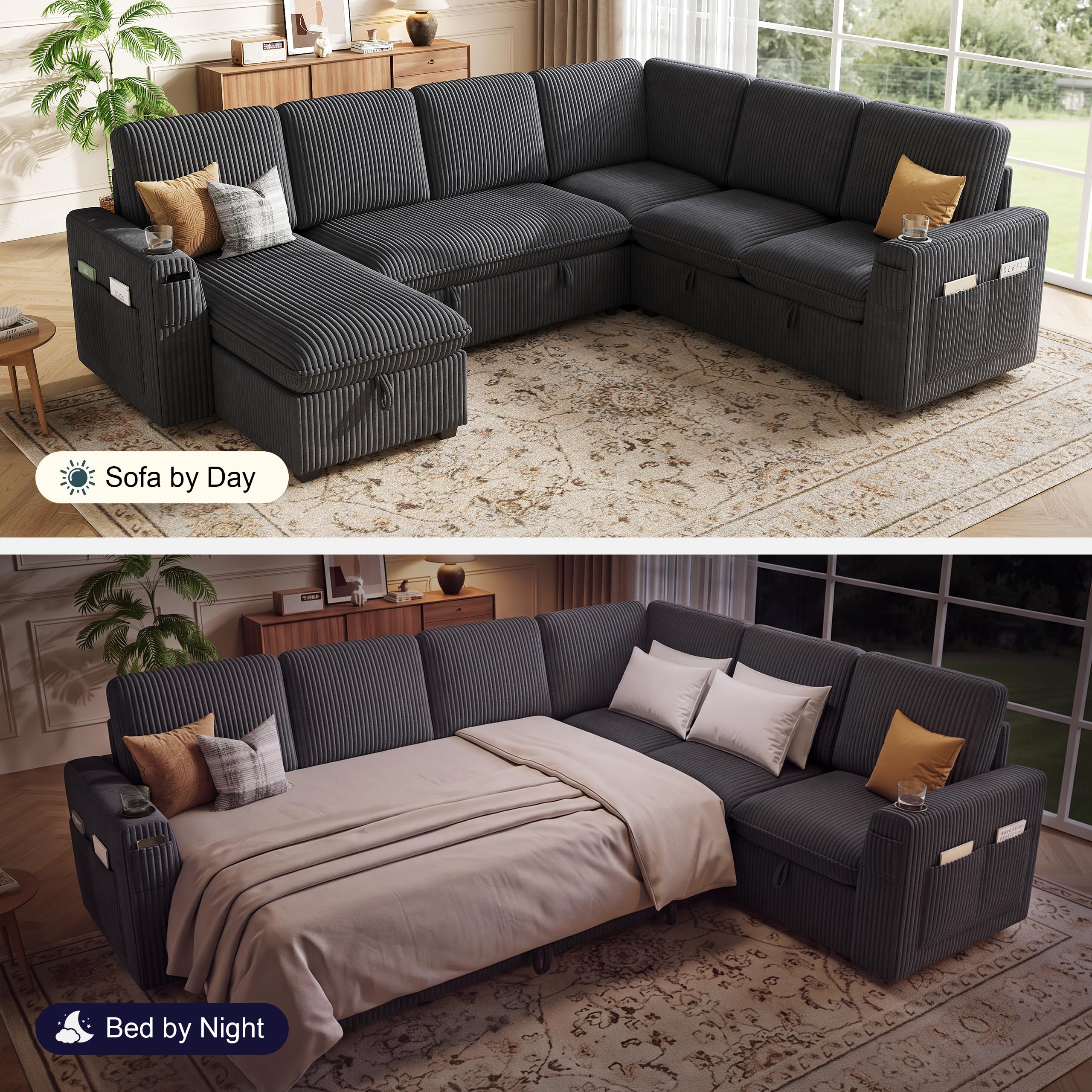 sectional sleeper sofa with pull out bed, plush corduroy 7 seat modular sectional sofa with storage chaise and adjustable backrest, cloud couches for living room, apartment, dark grey
