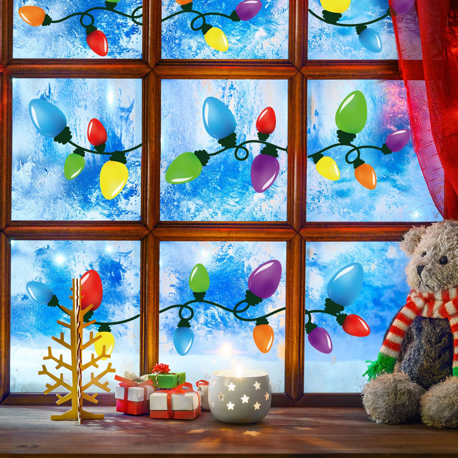 9 Blatt Weihnachtsbirne Licht Fenster Aufkleber Winter Weihnachten Auto Kühlschrank Dekorationen Aufkleber Tür Fenster Jahreszeiten Aufkleber für Urlaub Xmas Weihnachten Home Küche Wohnzimmer (Birne