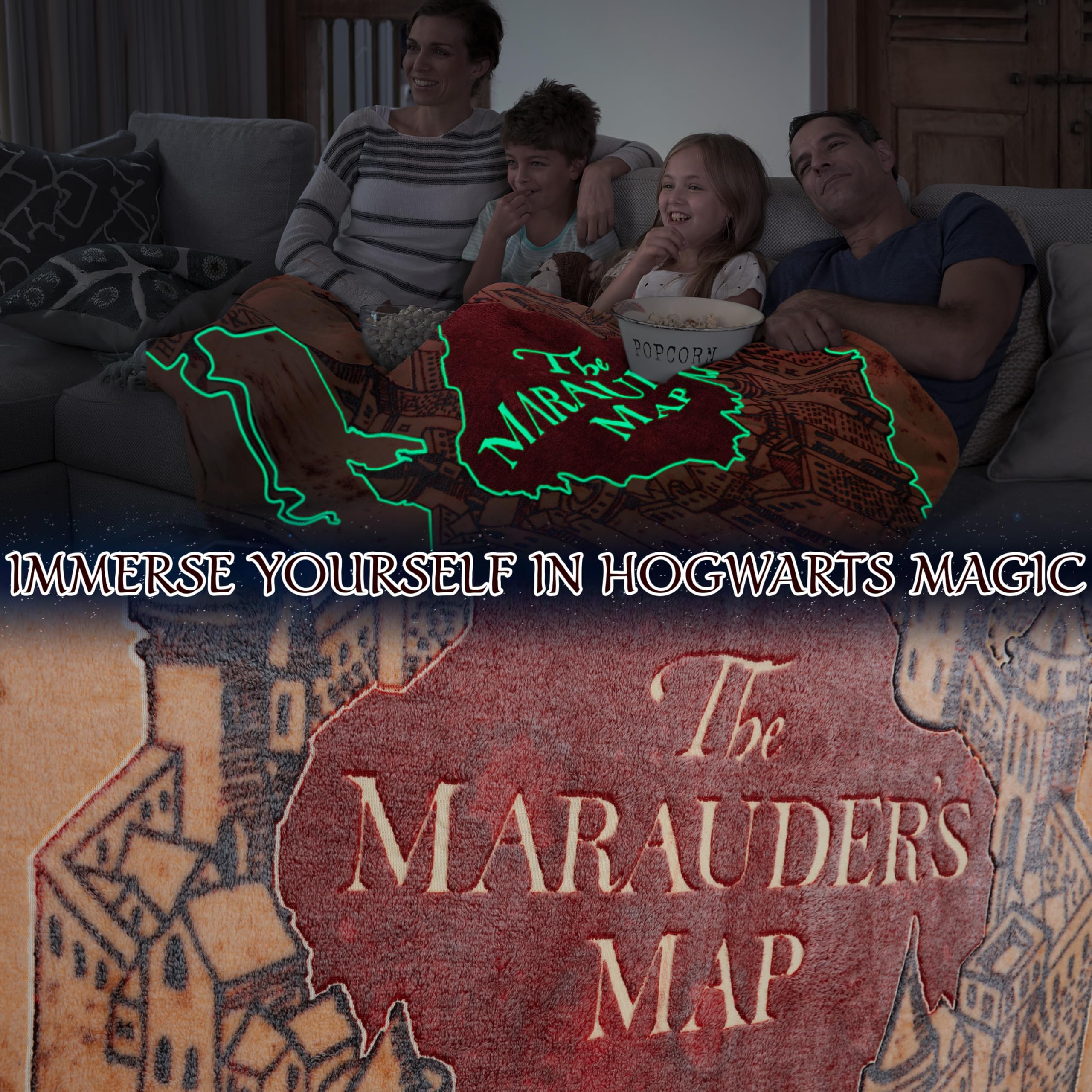 Harry Potter Coperta Che Si Illumina al Buio 130x150cm, Marauder’s Map Coperta Plaid Pile Morbide per Divano e Letto, Si Illumina Dopo 10-30 Minuti, Idea Regalo