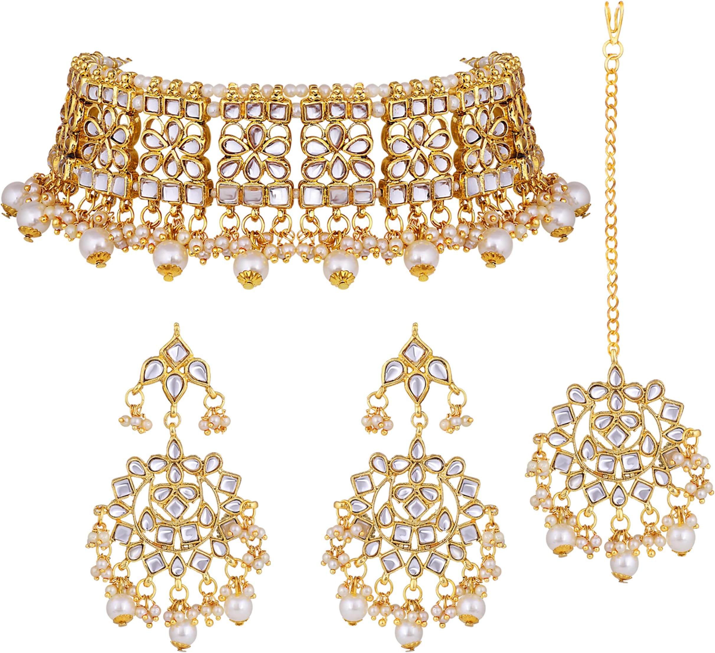 Aheli Elegant Indian Wedding Wear Faux Kundan Studded Choker Necklace with Maang Tikka Set Ethnic Fashion Jewelry for Women