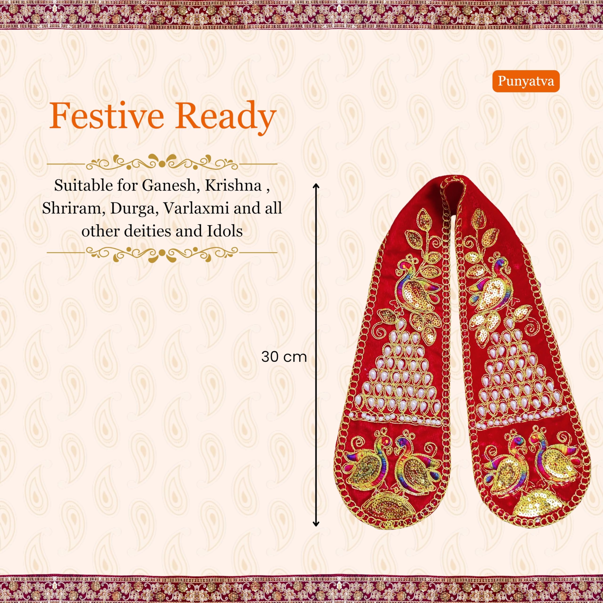 PUNYATVA Ganpati Shela with Moti Design (Red), Khes, Patka, Uparna Vastra for Gauri Ganpati, Ganesh Chaturthi, Varalakshmi Vratam, Navratri, Durga Puja, Decoration Accessories for Idols, God Dress 2