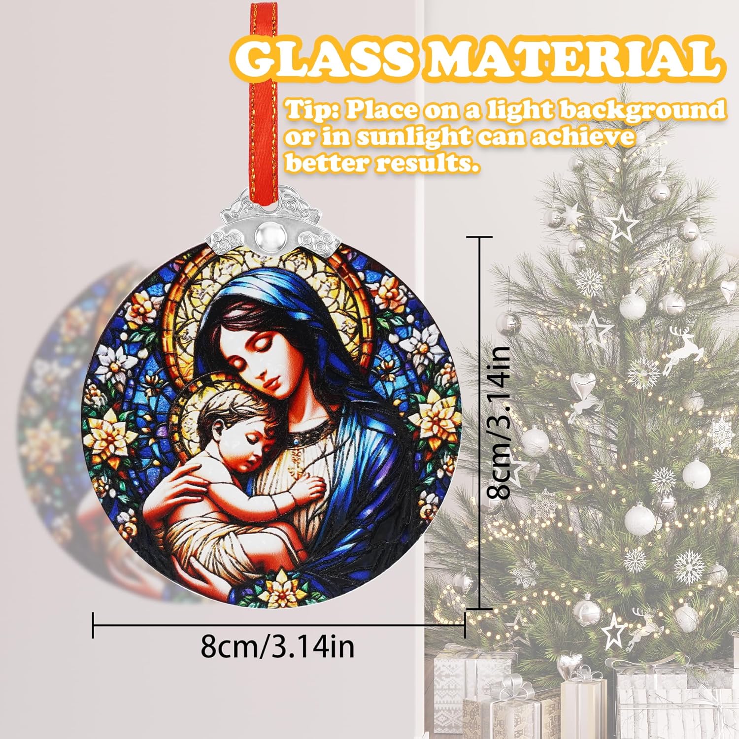 Stained Glass Christmas Ornament, Virgin Mary Hanging Decoration, Religious Christian Glass Ornament for Tree Window Car, Catholic Gifts with Box 3.15 Inch - Image 6