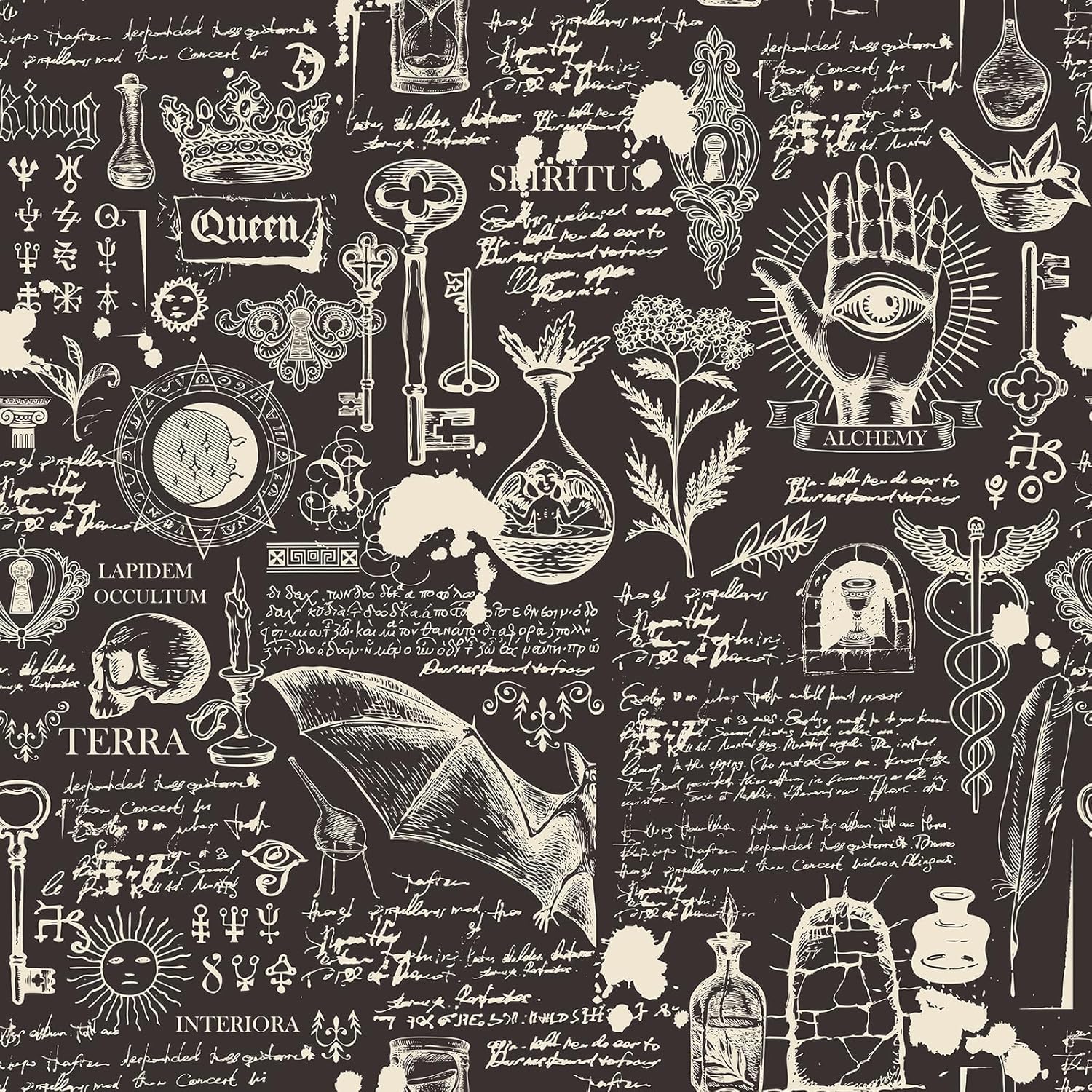 17.5"x475" Dark Brown Gothic Magic Witchy Wallpaper Peel and Stick Waterproof Alchemy Themed Wallpaper for Bathroom Accent Wall Paper Bat Candle Occult Symbols Latin Words Spirit Contact Paper