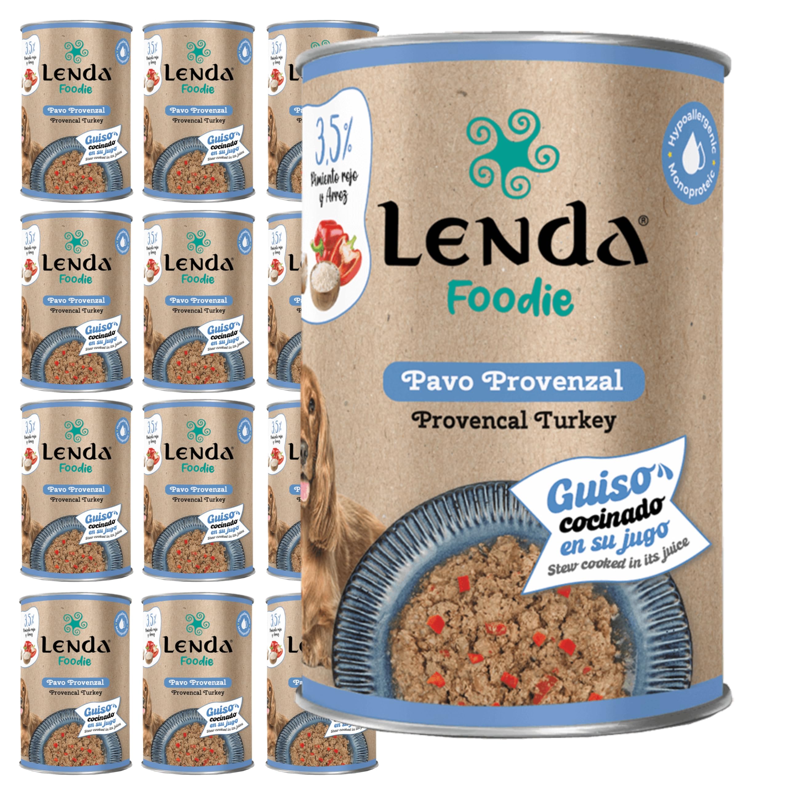 Lenda Foodie - 12 x 380gr Comida Humeda Perros Premium - Pavo Provenzal - para Adultos Jovenes y Senior - Comida Natural Hipoalergenica con Aceite de Salmon - Sin Conservantes ni Aditivos