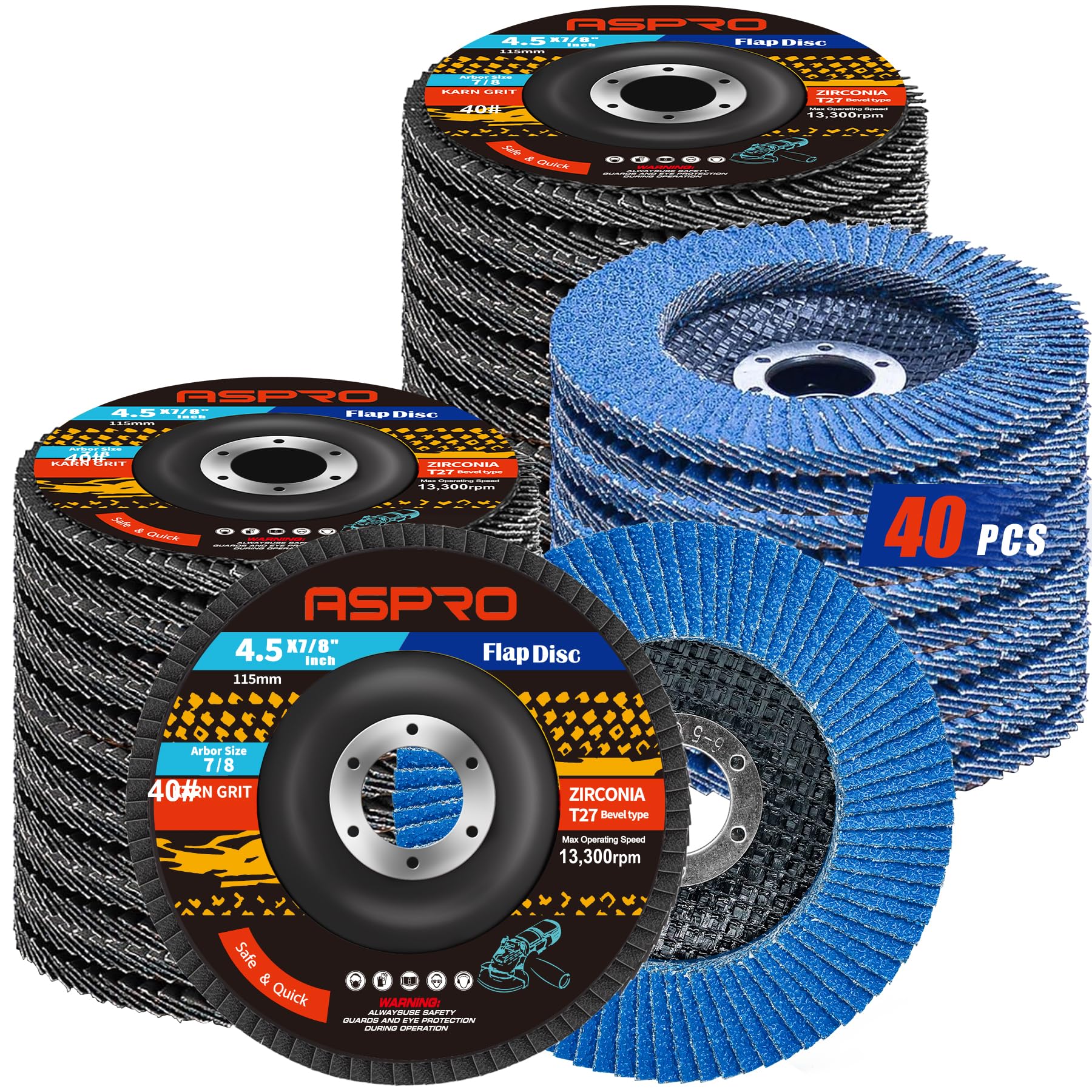 ASPRO Discos de solapa de 4 1/2 para amoladora angular, discos abrasivos de circonita de grano 40 de 4.5 x 7/8 pulgadas T27 para lijado de metal, molienda y madera, paquete de 40