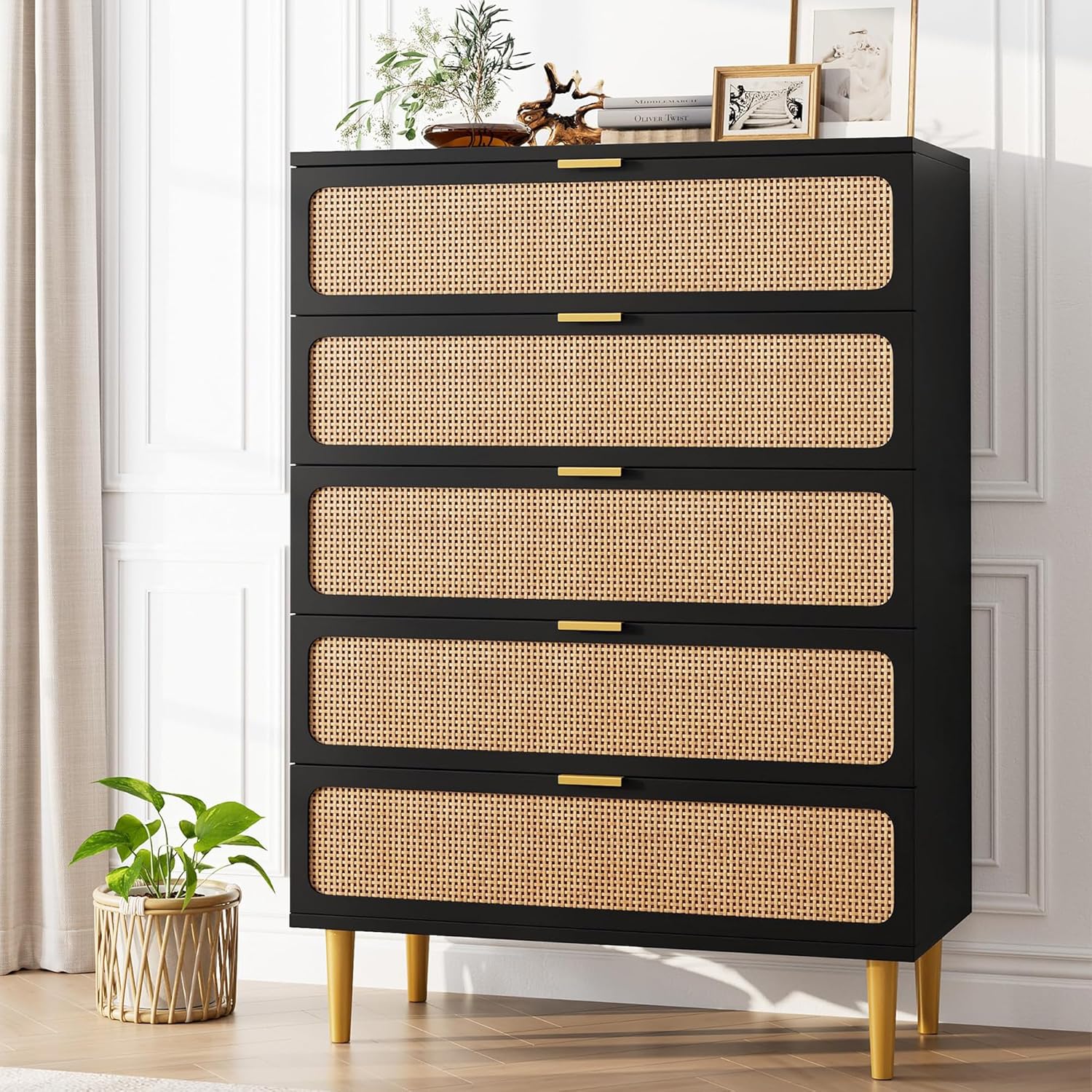 Garvee Rattan Dresser with 5 Drawers, Tall Modern Closet with Deep Storage, Large Chest of Drawers with Wide Top, Long Wooden Dresser for Bedroom, Living Room, Hallway, Kids Room, Black