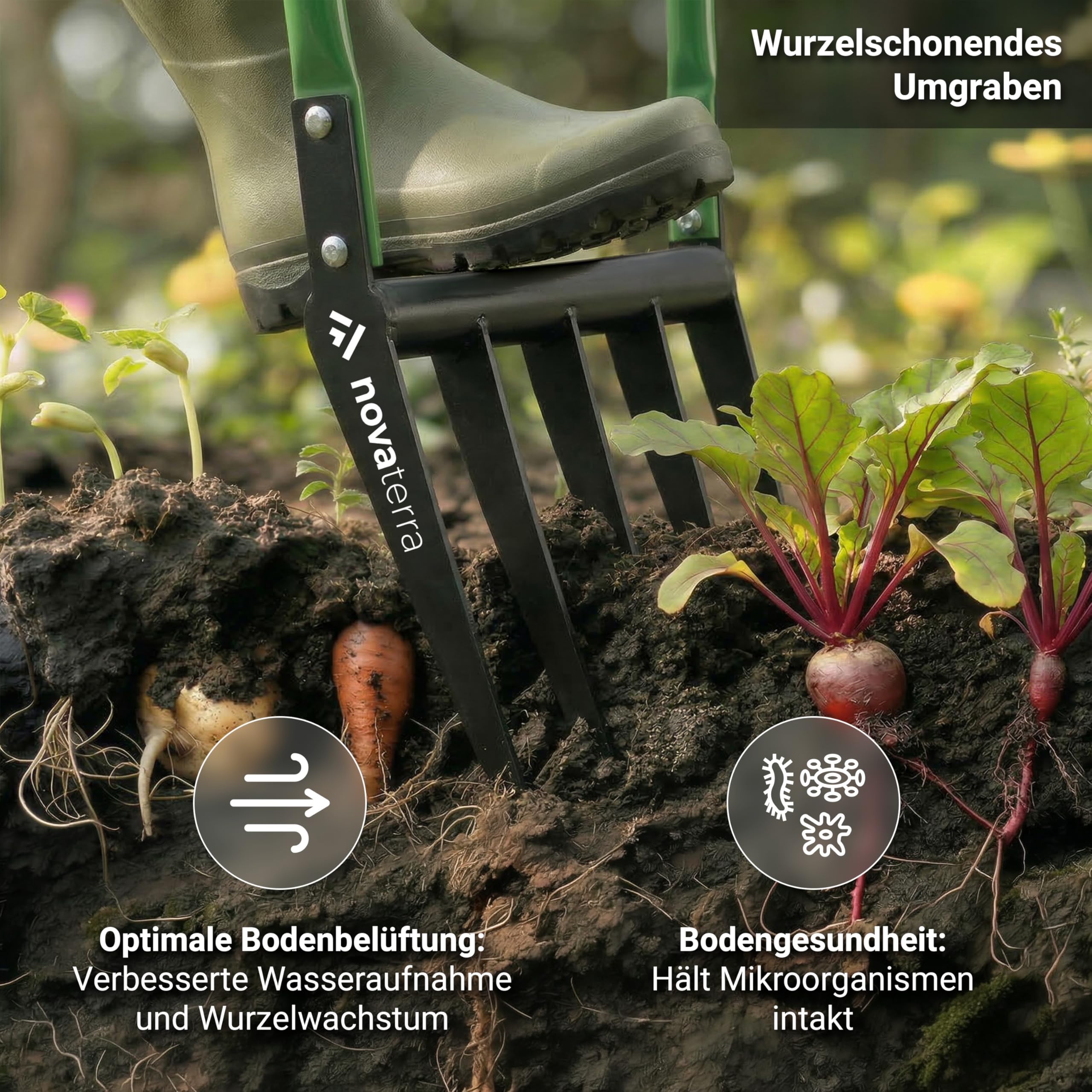 novaterra® Premium Grabegabel mit 5 Zinken - Ergonomische Broadfork Gartengabel aus gehärtetem Stahl - Rückenschonende Bodenlockerung - Robuste Garten Gabel für Beete, Rasen & Harte Böden