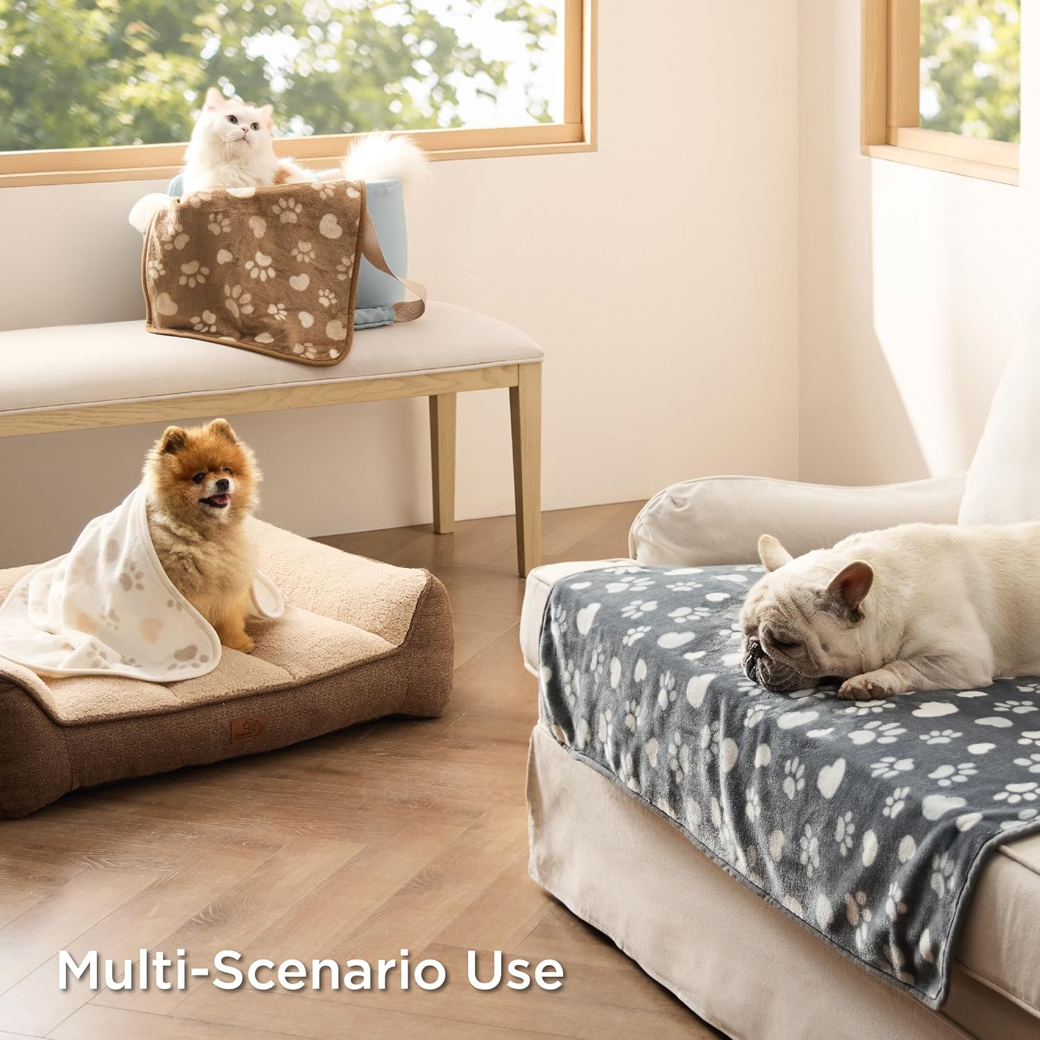Bedsure 1 Pack 3 Pet Blankets, Super Soft Fluffy Premium Fleece Flannel Portable Throw Dog Blankets for Small Dogs, Printed Cat Puppy Blanket Paw Light Brown/Grey/Cream Small(20x30 inch)
