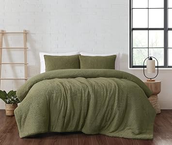 Brooklyn Loom Marshmallow Sherpa Olive Green 2 Piece Twin Comforter Set, Solid Color Themed, Oeko-TEX Certified Confidence