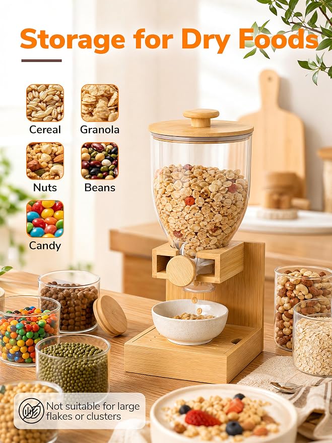 Dispensador de cereal con capacidad grande de 3.5L, base y tapa de bambú natural, contenedor hermético para alimentos secos miniatura 7