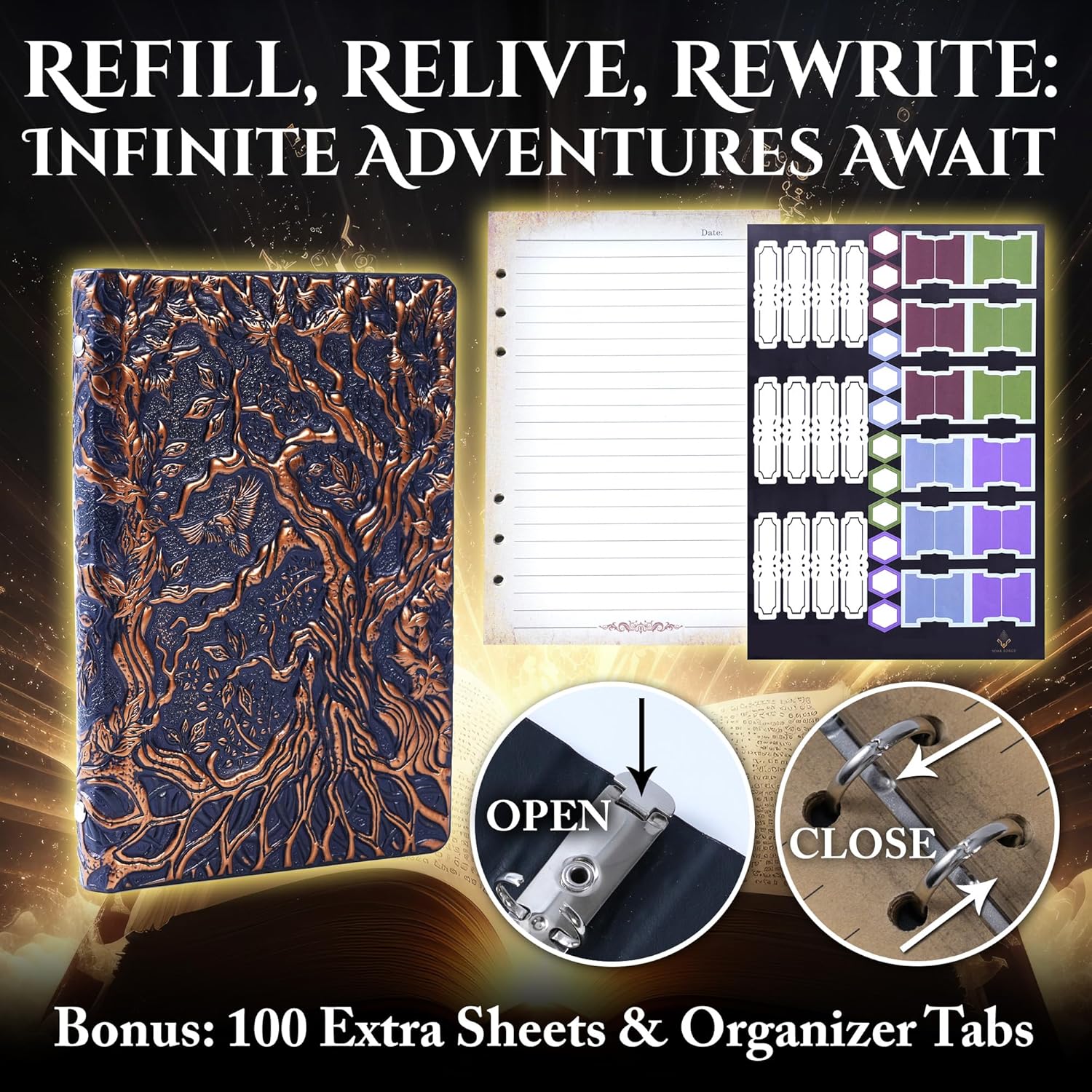 DND Notebook Journal Refillable Binder - A5 Story Forge 400 Pages (200 Sheets) with Breathtaking 3D Tree of Life Design - Perfect for Dungeons and Dragons (D&D) - Bonus Tabs and Ruler (Navy Copper)