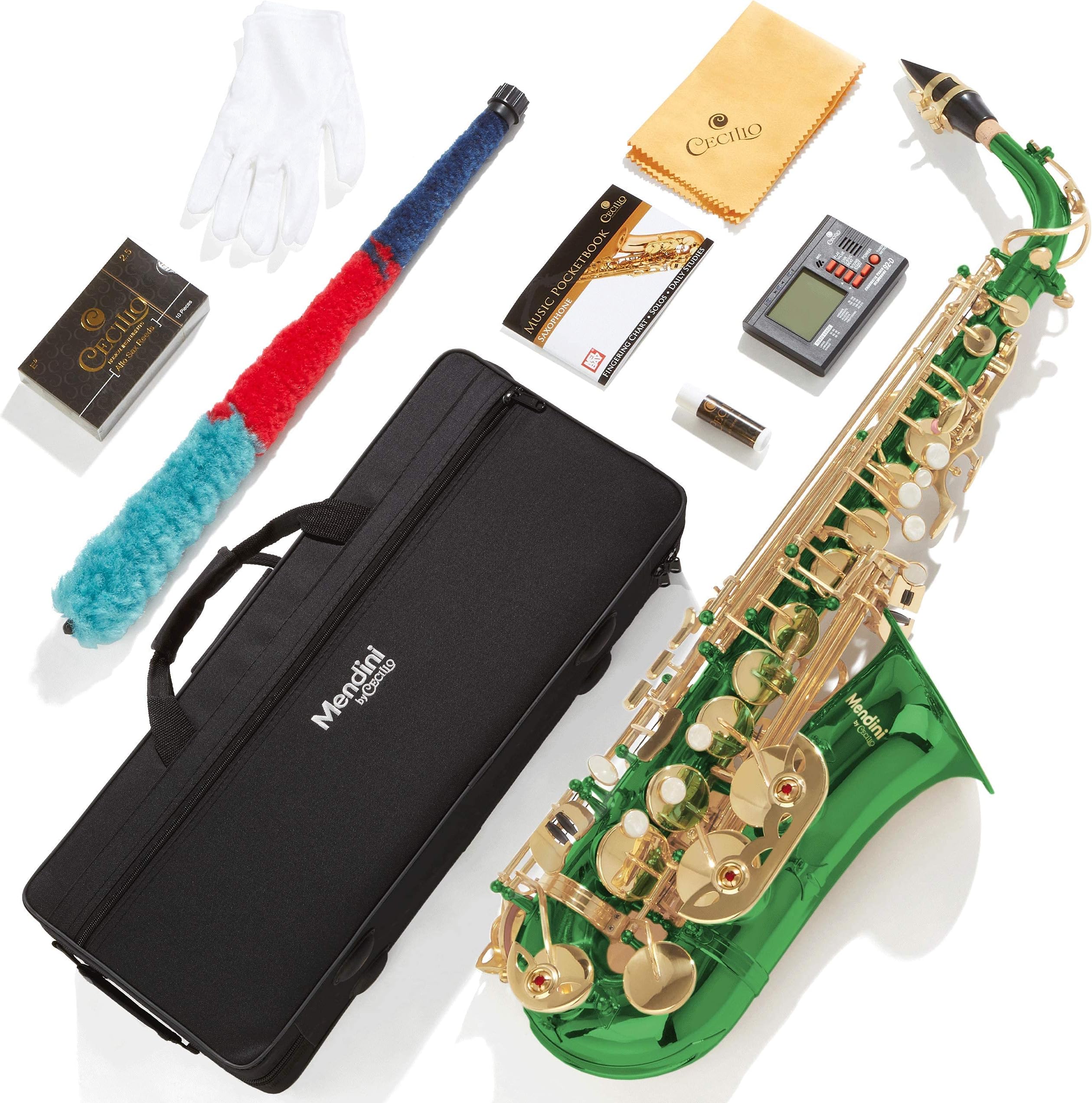 Mendini By Cecilio Alto Saxophone for Beginners, E Flat Alto Saxophone for Musicians with Tuner, Mouthpiece, Case, 10 Reeds, Grease, Cleaning Cloth & Rod, Gloves, Strap, Lesson Book (Green)