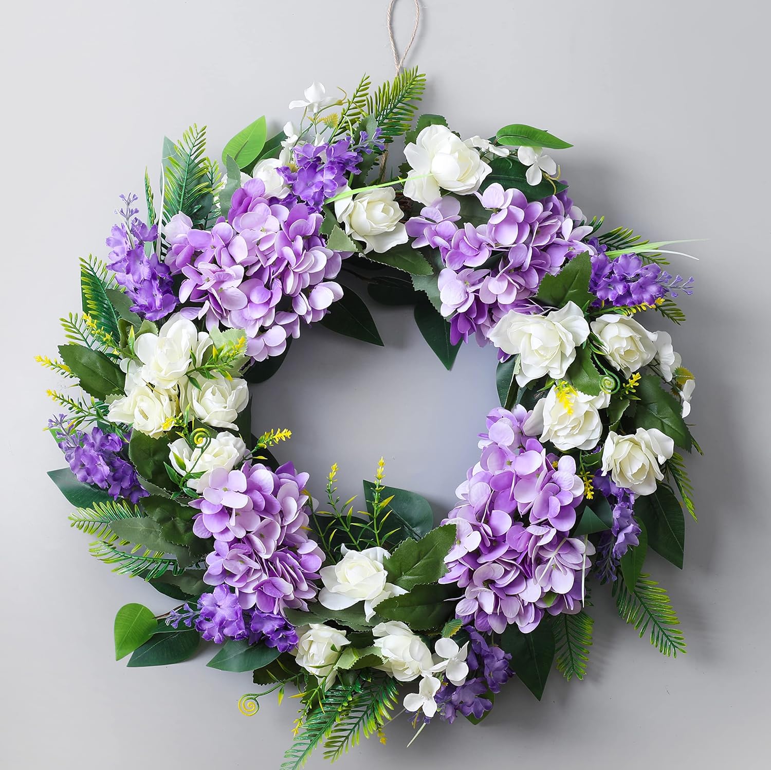 Summer Wreaths for Front Door Green Plant Purple Hydrangea Weaths 18 inch on Grapevine Base, Perfect for Spring Wreaths Outdoor,Indoor and Farmhouse Decoration