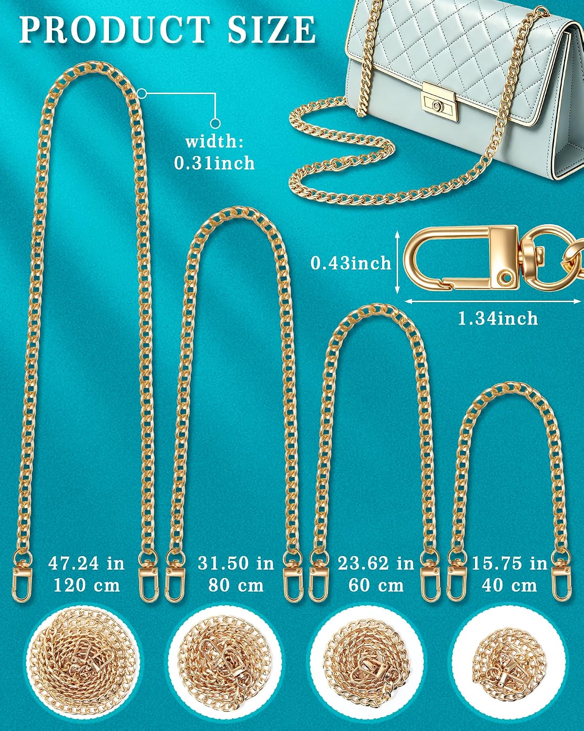 FIVEIZERO 4 Sizes Gold Purse Chain, Flat Gold Bag Chain, Metal Strap Extender Replacement, Purse & Bag Chains Straps for Handbags, Shoulder Crossbody Clutch Handbag, 15.7", 23.6", 31.5", 47.2"