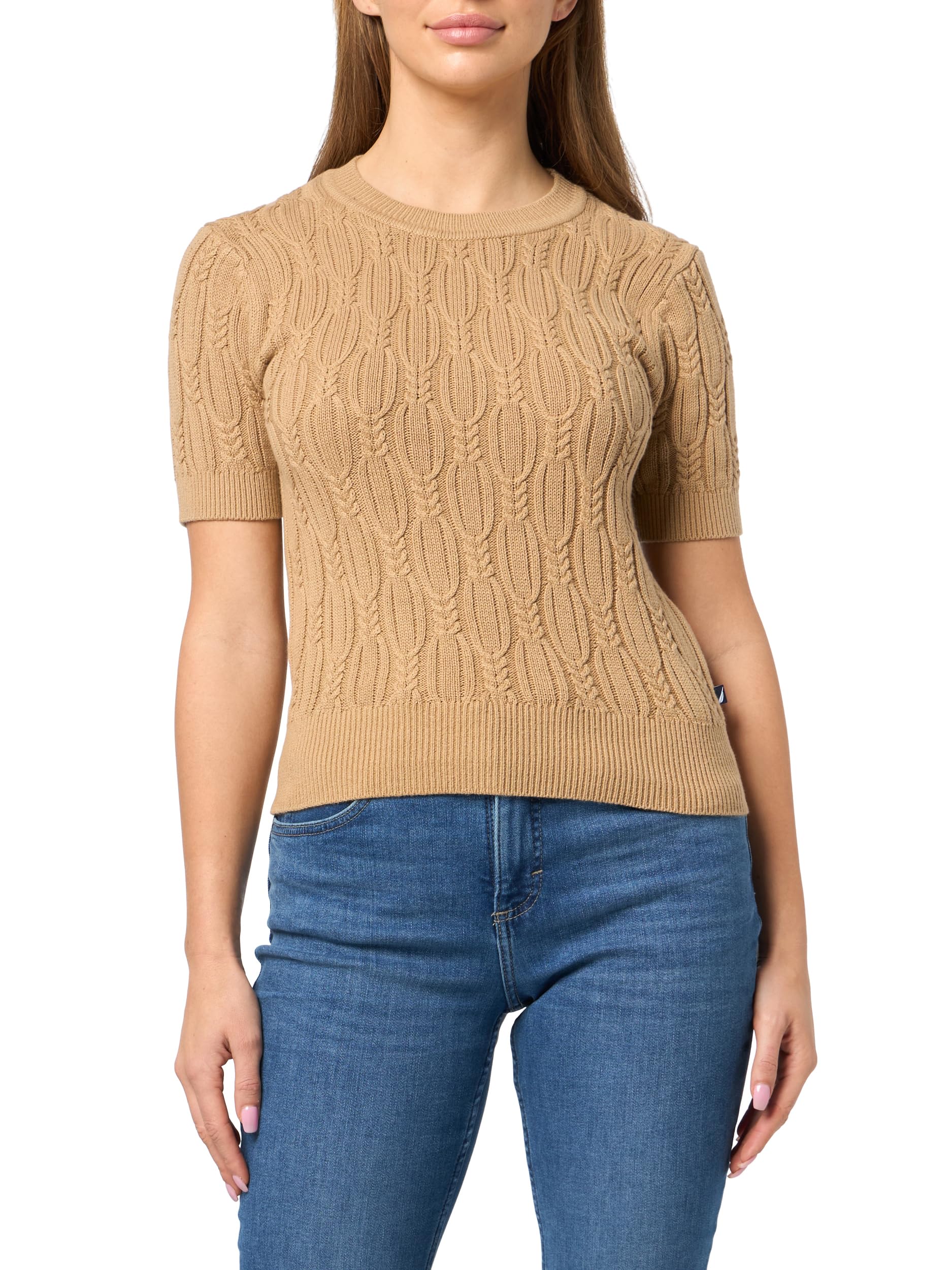 Nautica Women's Short Sleeve Crew Neck Cable Solid Sweater