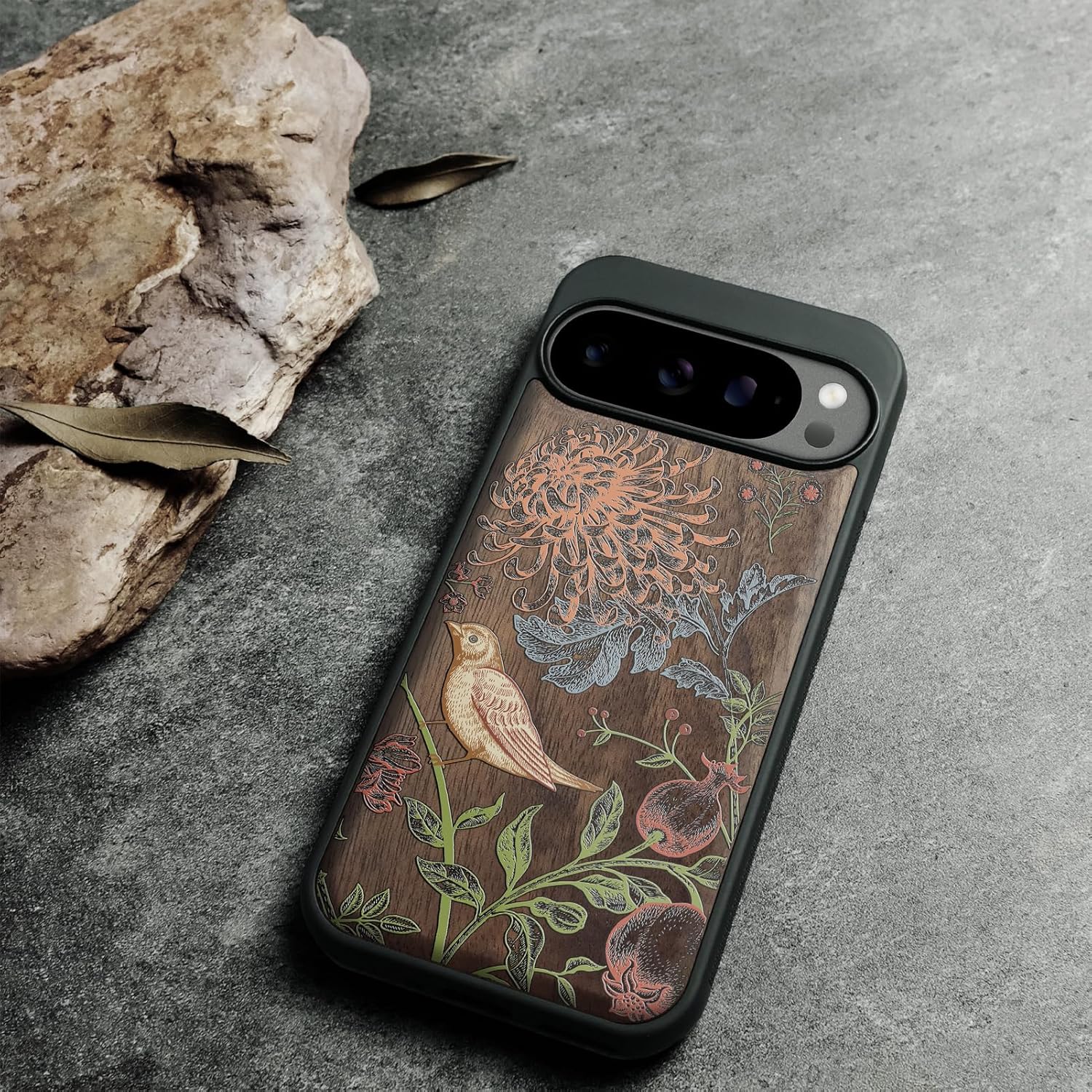 Magnetic for Google Pixel 10 / Pixel 10 Pro Case Compatible with MagSafe Wireless Charging, Natural Wood Cover & Shockproof TPU Phone Case, Walnut Hand-Drawn Pattern - Botanical Birds