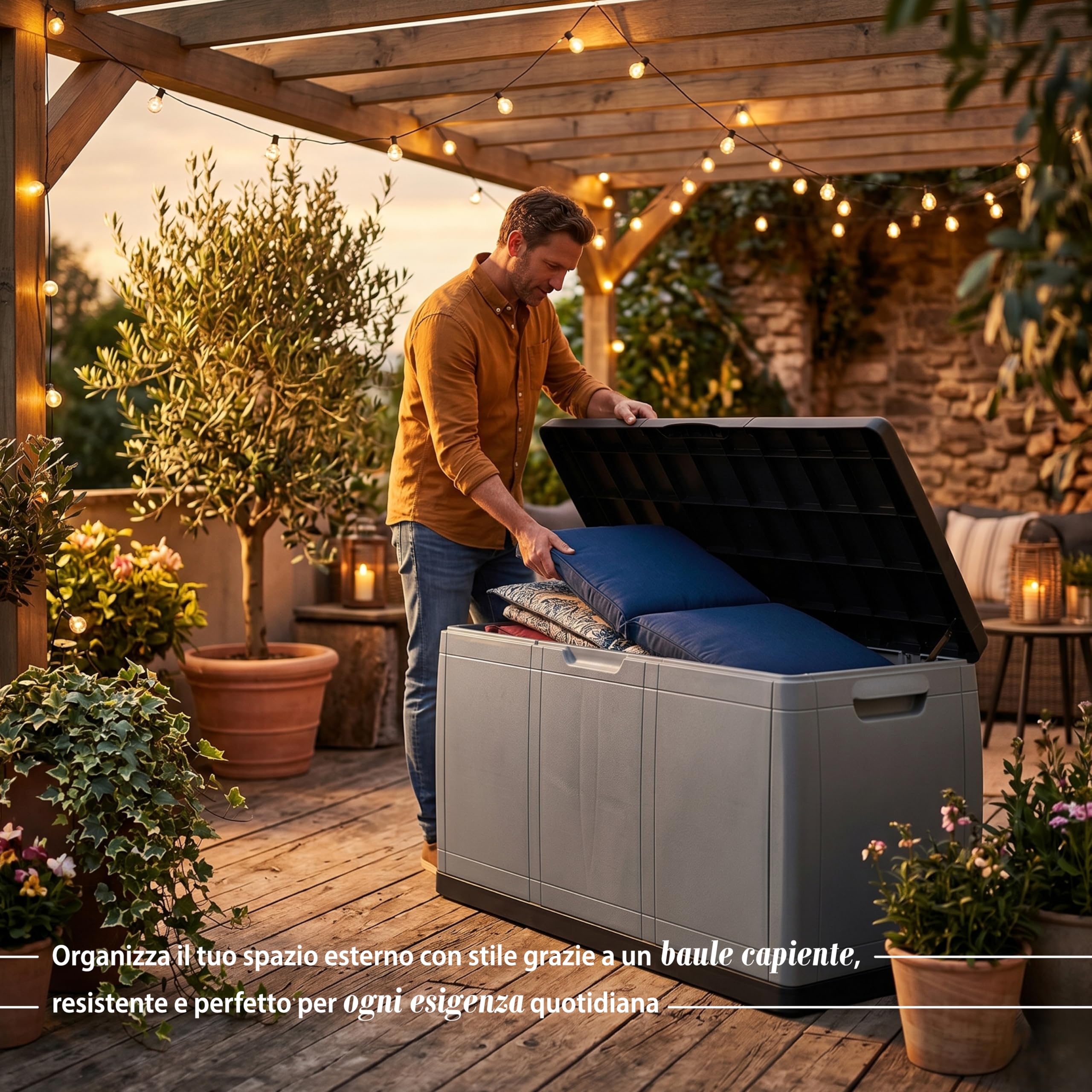 MA MAISON Baule Cassapanca Multiuso 414LT in PP 118x54x65h CM - Resistente ai Raggi UV, Apertura superiore, Contenitore, Organizzatore, Stoccaggio, Esterno, Interno, Made in Italy