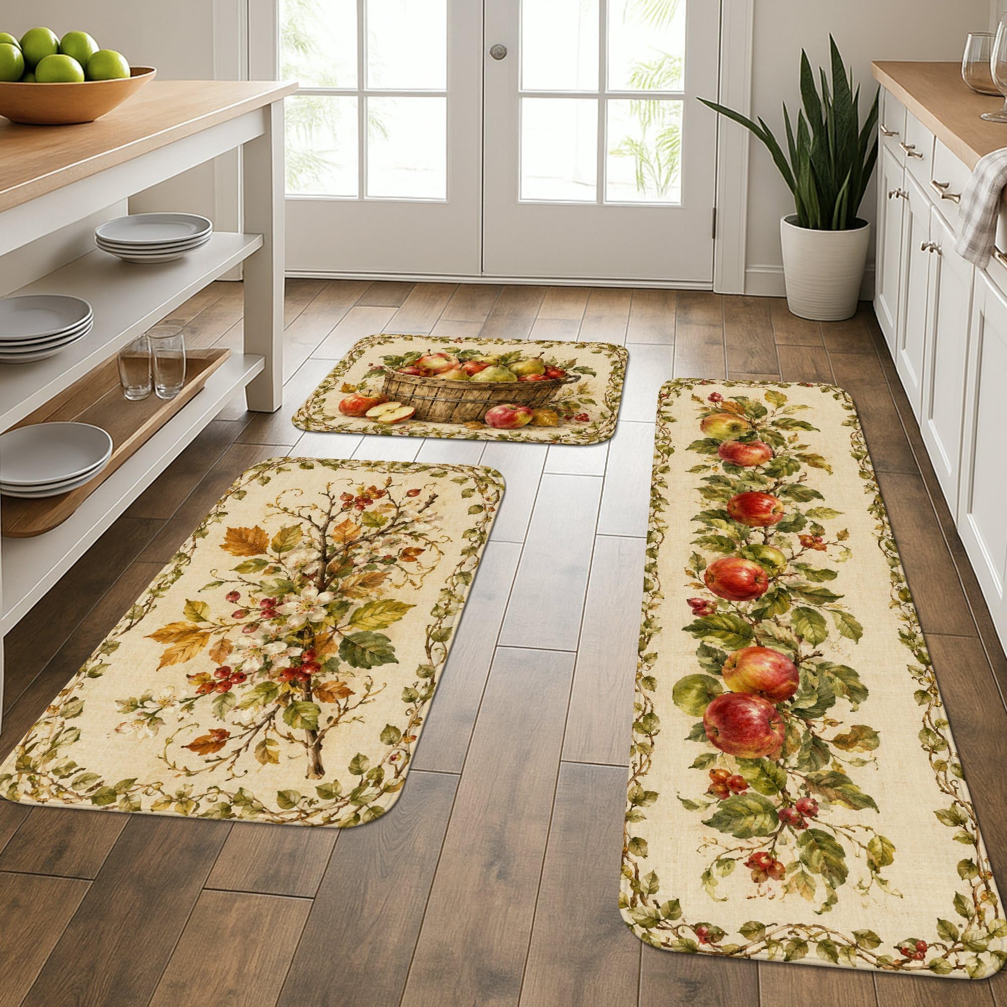 Tapis de cuisine traditionnel rustique et lavable au design floral élégant