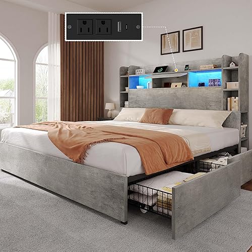 Miniatura 10 de YITAHOME Base de cama tamaño Queen con cabecera de estantería y 4 cajones de almacenamiento, marco de cama LED RGB con estación de carga tipo C y