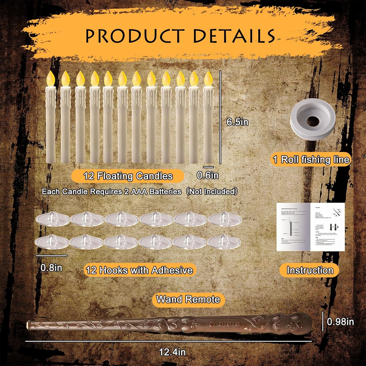 12 Pcs Floating Flameless Candles with Magic Wand Remote, Battery Operated Taper Flickering Hanging Decorative Candles for Theme Party Daily Home Decor Magic Lovers