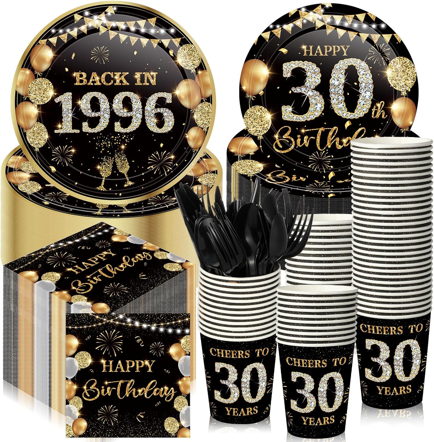 240 Pcs 40th Birthday Decorations 1986 Birthday Party Tableware Include Plates Napkins 9oz Cups Cutlery 40th Anniversary Party Supplies for Men Women Him Her, Serve 30 Guests (Black Gold)
