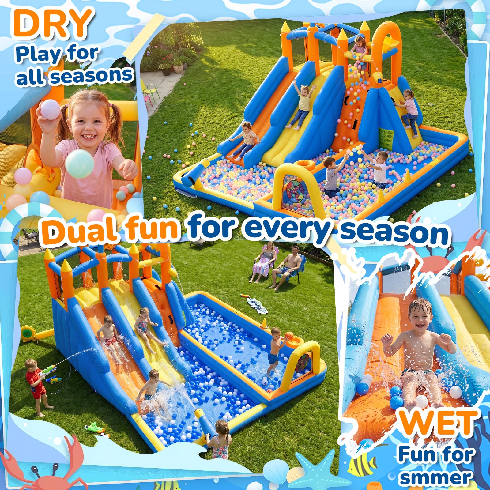 FOOING Castello Gonfiabile con 2 Scivoli Acquatici, Parete Arrampicata, Canestro Basket, Giochi da Giardino per Bambini, Piscina Esterna con Rete di Sicurezza per Feste All'aperto