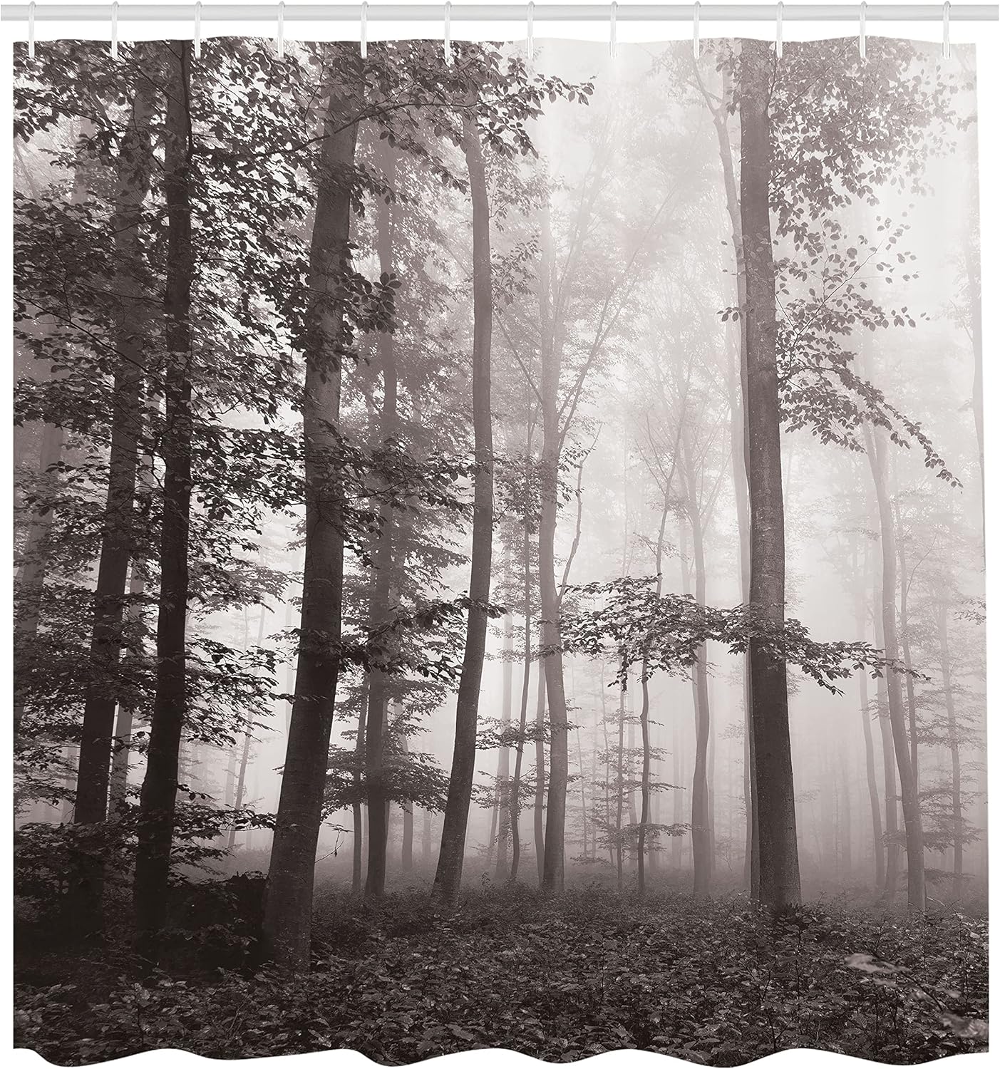 Ambesonne Forest Shower Curtain, Autumn Season Mystic Foggy Fall Nature and Enchanted Woods Wild Trees Print, Cloth Fabric Bathroom Decor Set with Hooks, 69" W x 70" L, Tan