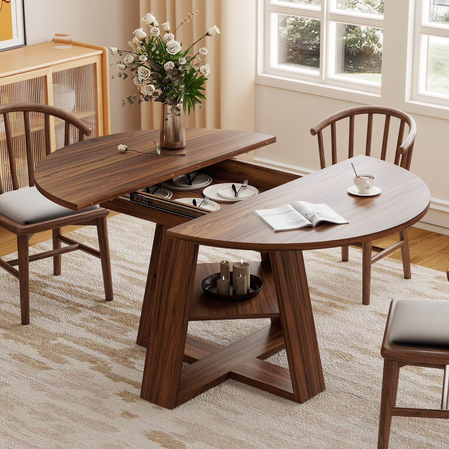 Hawthyhome rund Esstisch Ausziehbar für 4-8 Personen, 110-150cm Wohnzimmertisch Erweiterbar mit Teleskopfunktion, Platzsparender küchentisch Esszimmer Wohnzimmer, Modernes Industrie, Walnuss-Optik