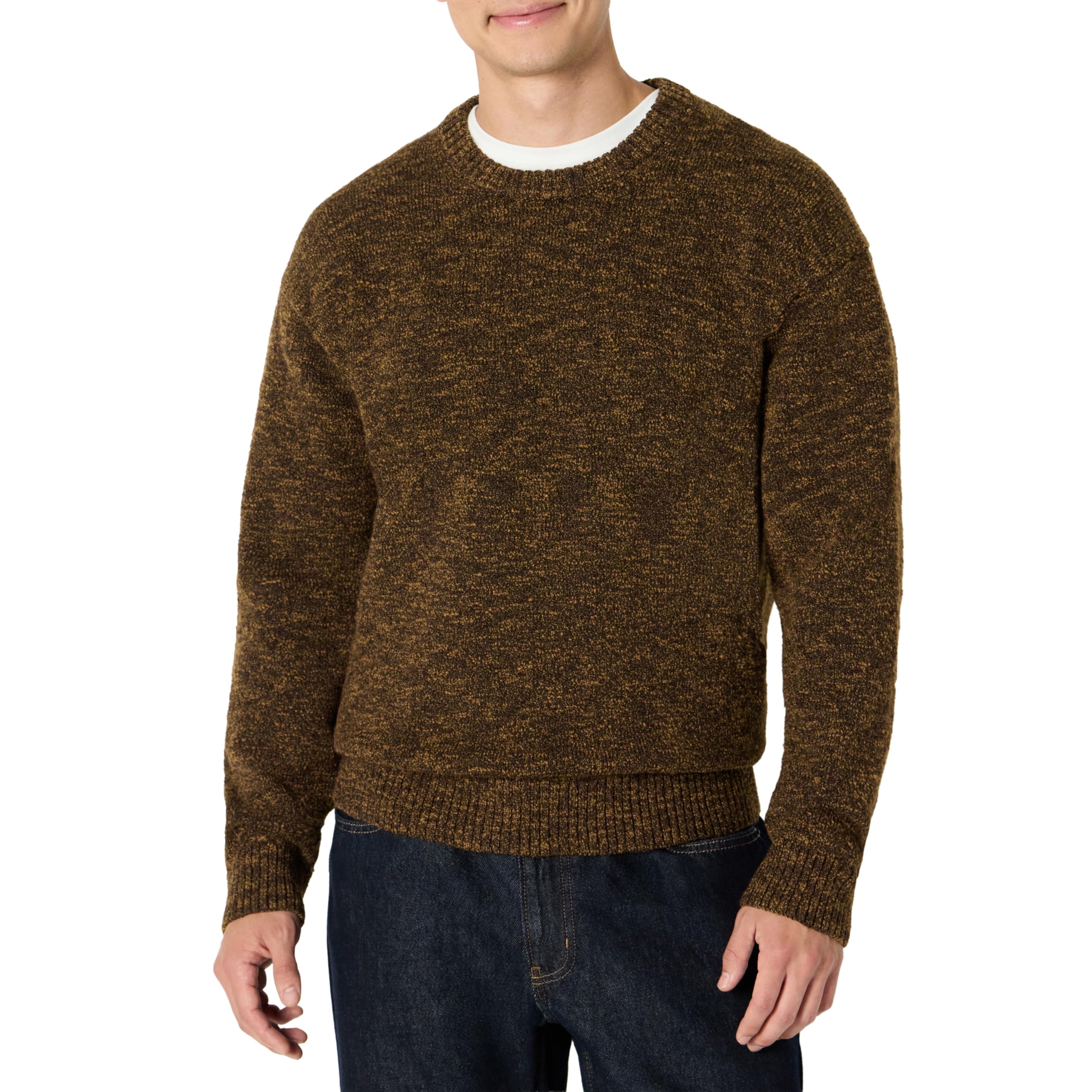Amazon Essentials Herren Relaxed-Fit Pullover mit Rundhalsausschnitt und mehrfarbigem, schwerem Stoff, Dunkelbraun Meliert, M