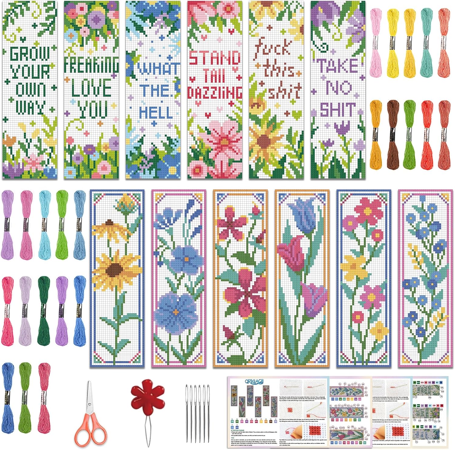 ORIGACH 12 Set Flower Cross Stitch Bookmark Kit for Beginner with Backing Felt Floss Instructions Pansy Tulip Lily Sunflower Magnolia Rose DIY Stamped Embroidery Bookmark Kit for Adults, Book Lovers