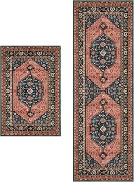 Tangsoo Vintage Rhombic 2x3 and 2x6 Washable Rug for Entryway,Red Blue Non-Slip Rubber Backing Mat Non-Slip Low Pile Long Hallway Rug Runner Carpet for Kitchen Bedroom Laundry