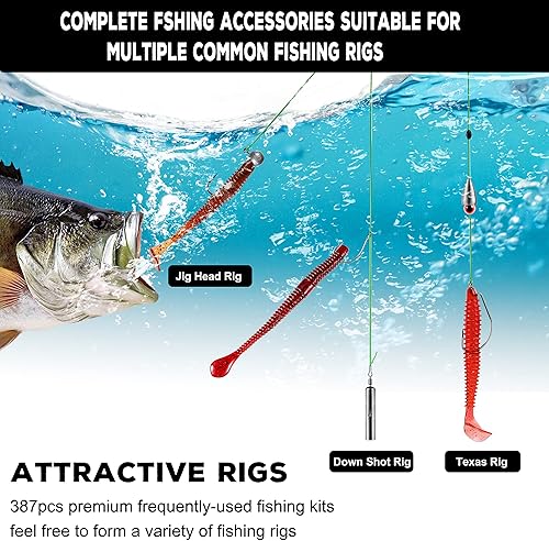 Miniatura 23 de PLUSINNO Kit de accesorios de equipo de pesca, 253/387 piezas, caja de aparejos de pesca con aparejos incluidos, anzuelos de pesca, plomos de pesa