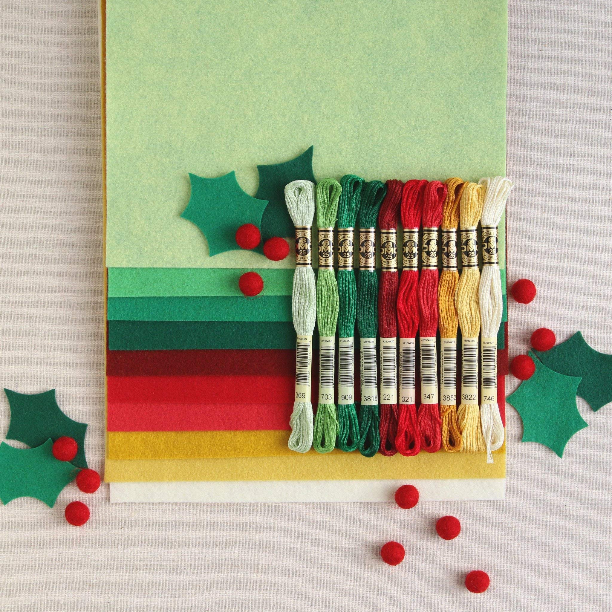 Benzie DesignWool Felt, 10 pcs 12"x18" with Matching DMC Embroidery Floss in Classic Christmas Colors, 1 mm Thick, Soft & Pliable, Wool Blend Felt, Christmas 12"x18" & Floss