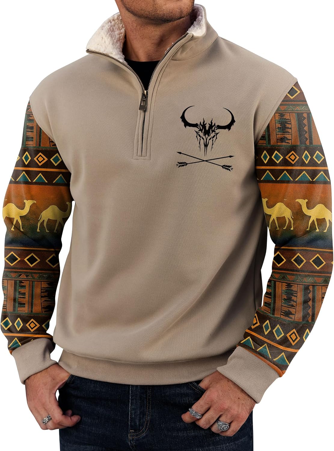VOGSTART Men's Aztec Quarter Zip Pullover Fleece-Lined Western Country Cowboy Vintage Graphic Sweatshirt (S-XXL)